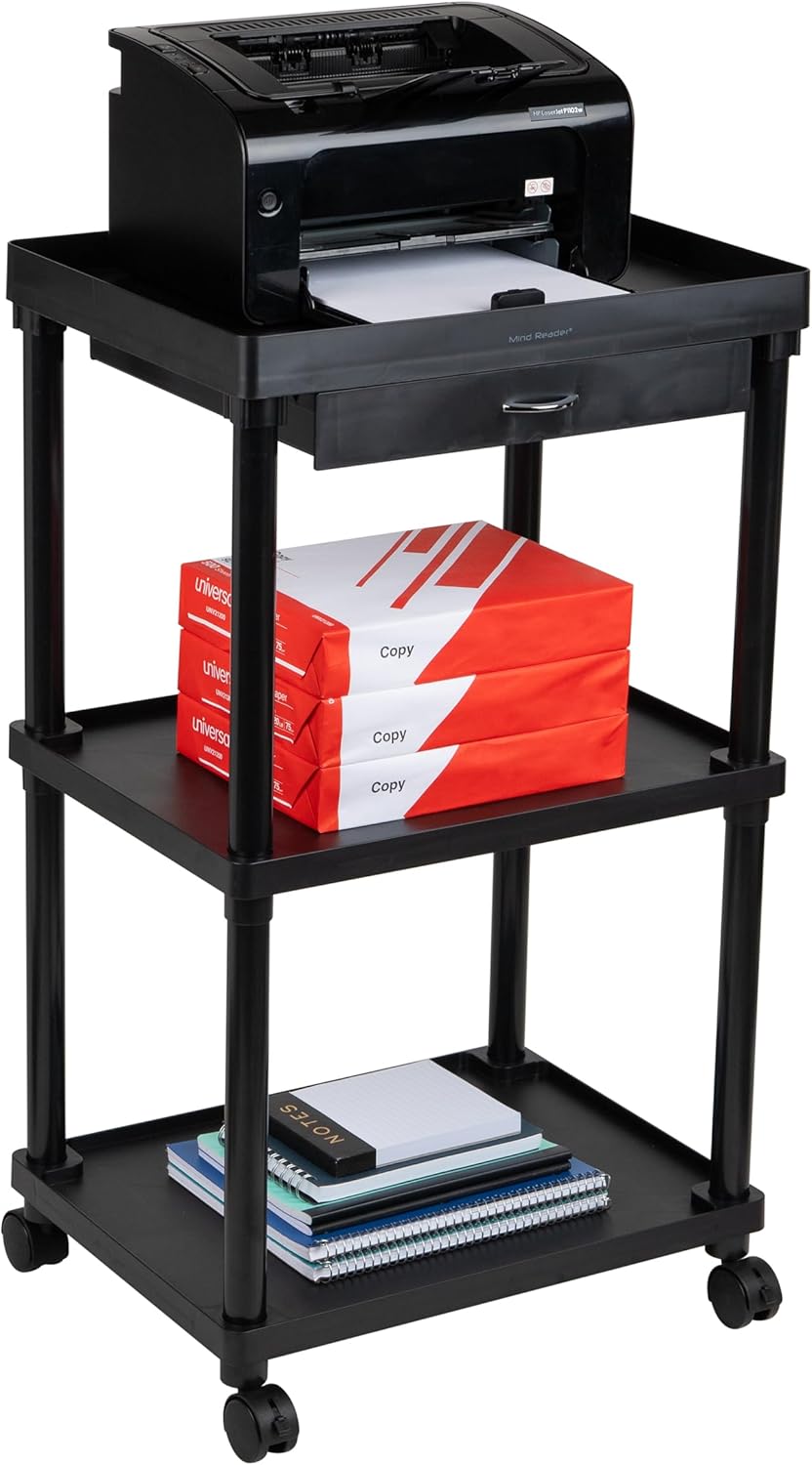 Mind Reader Bar Cart, Rolling, Utility Cart, 3-Tier, Coffee Cart, Bathroom, Kitchen, Plastic, 20"L x 15"W x 34.5"H, Black