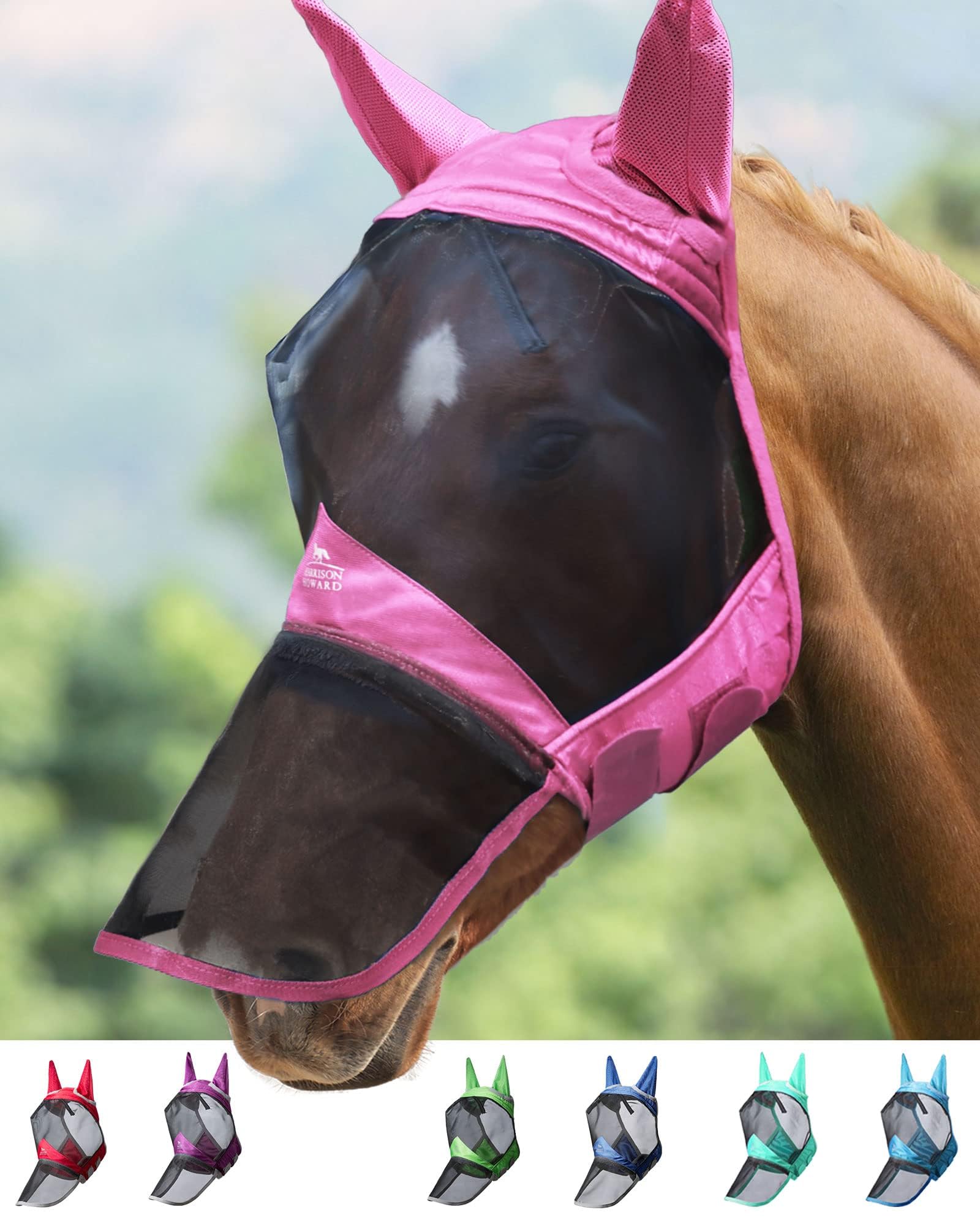 Harrison Howard CareMaster Pro Luminous Máscara de mosca de caballo Nariz larga con orejas Protección UV para caballo-Rosa claro (XL)
