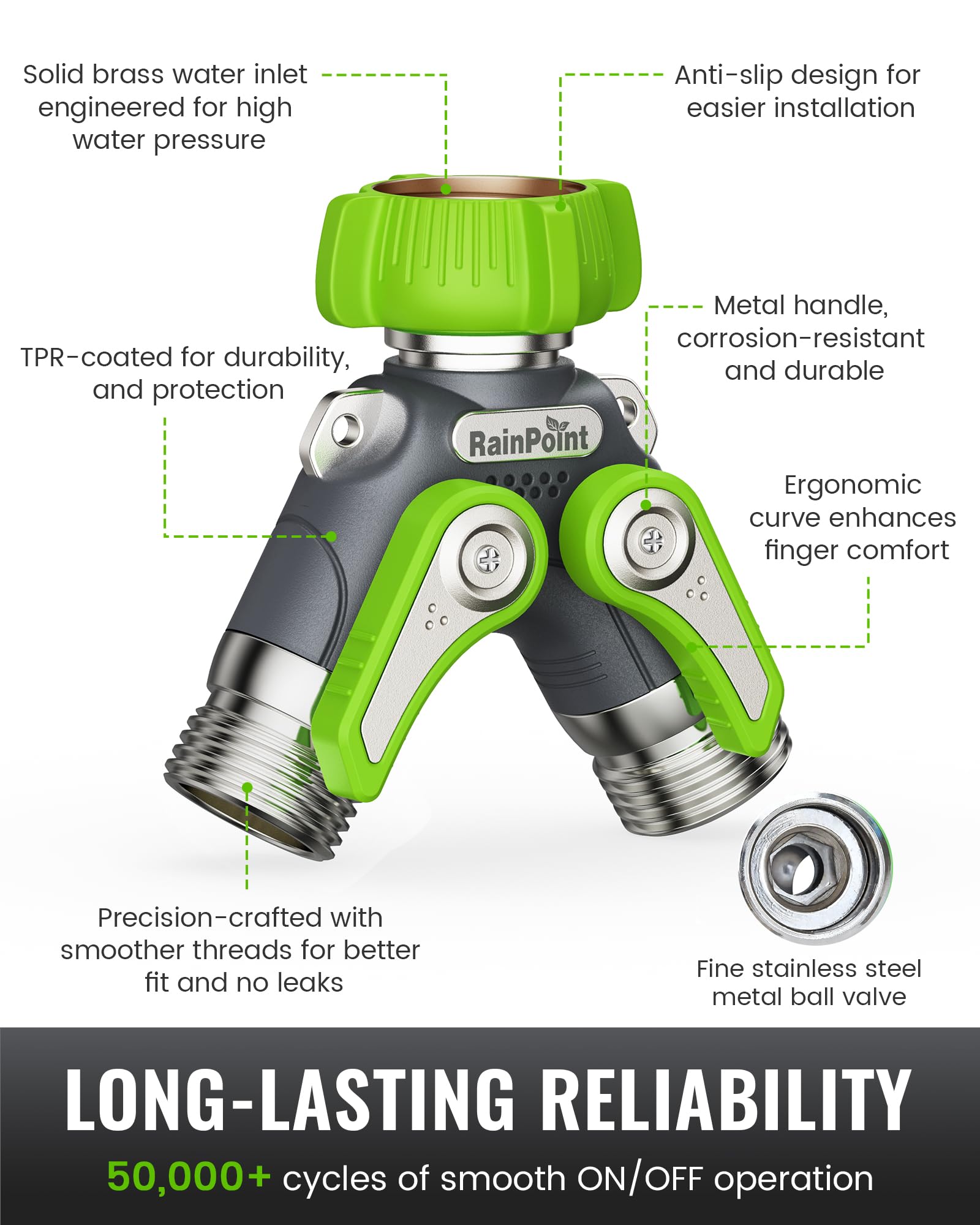 RAINPOINT Sdoppiatore per tubo da giardino, 2 vie, resistente, con valvole di intercettazione, corpo in metallo 100% esterno, manico in metallo extra lungo da 4,8 cm, filettatura GHT da 3/4" (verde, 2