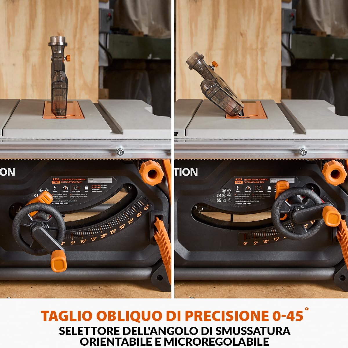 Evolution Power Tools R255TBL Sega da banco (La prossima generazione Rage 5-S) Lama da taglio multimateriale Taglia legno metallo plastica, smusso a 45°, angolo obliquo +/- 60°, 1650 W