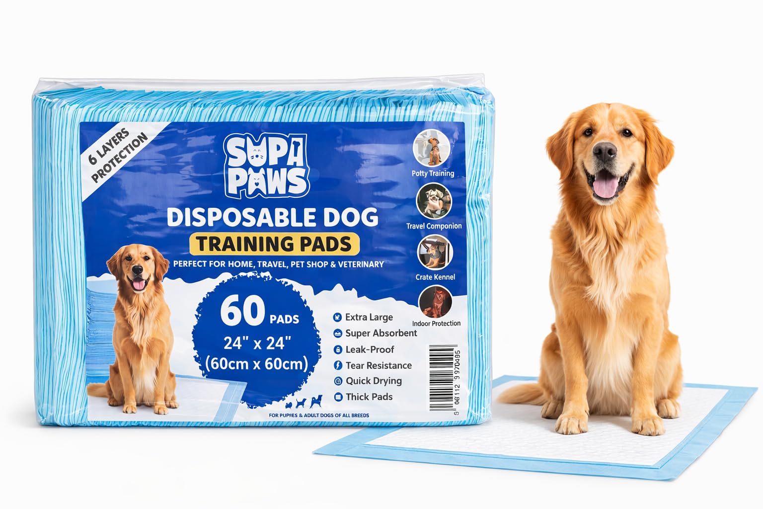 Pack of 60 Large Dog Pee Pads 60 x 60 cm 6 Layers Puppy Potty Training Pads for Dogs Super Absorbent Leak Proof Quick Dry Disposable Pads for Puppies Waterproof Odour Control Floor Protection Dog Pads