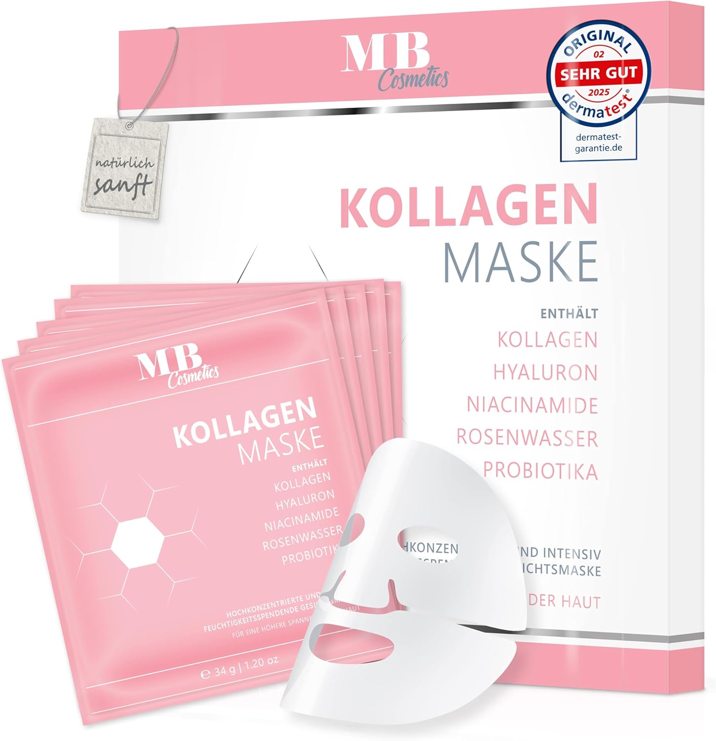 MB Cosmetics collageenmasker – met hyaluron, niacinamiden, rozenwater en probiotica – hooggedoseerd hydraterend Deep Facial Mask (52.000ppm) voor een hogere spankracht van de huid, 5 stuks (34g)