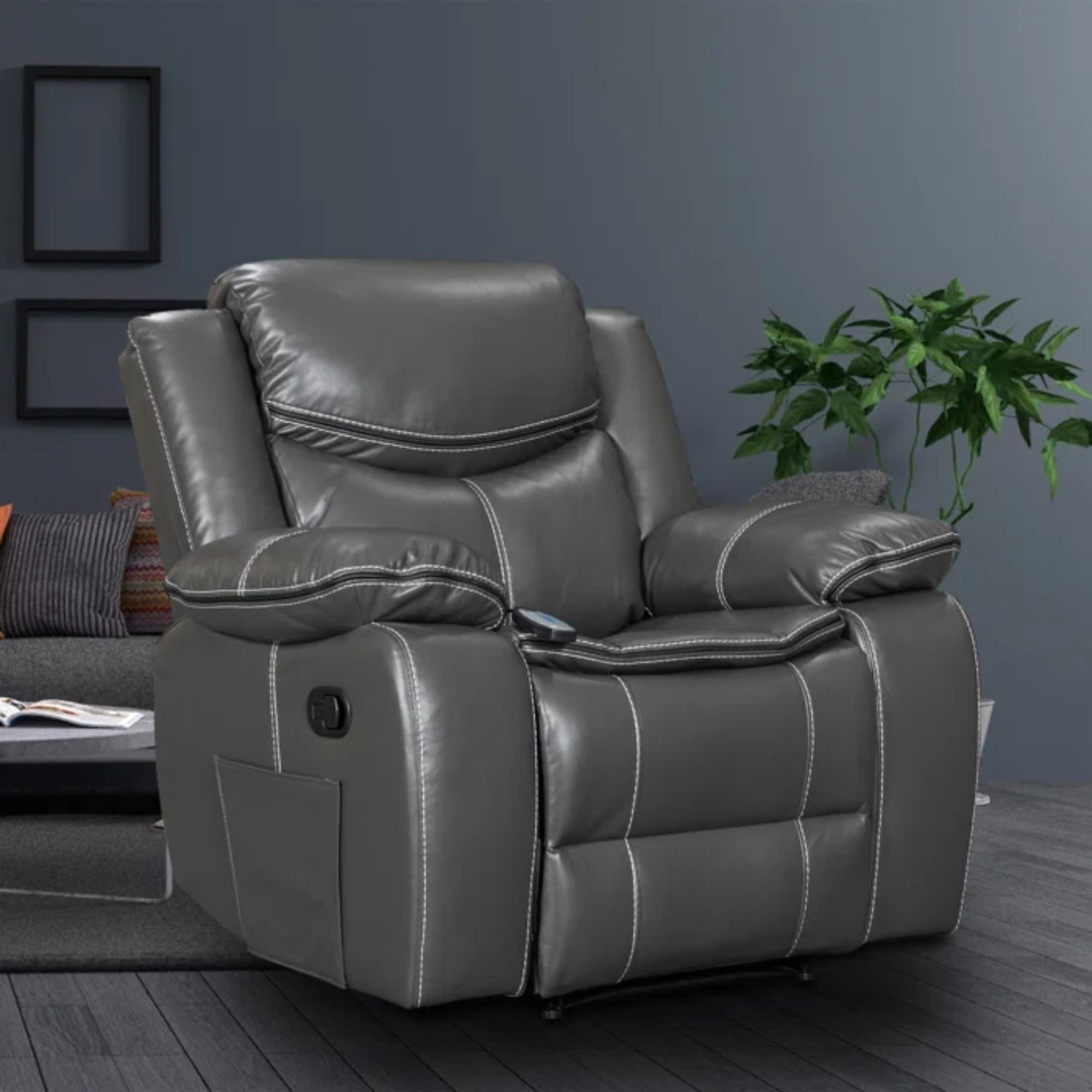 ( complete ) Wide Seating Durable Leather Recliner with Massage and Heating,Vegan Leather Recliner in Gray