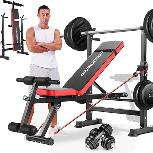 OPPSDECOR Adjustable Weight Bench Set with Squat Barbell Rack, Removable Foot Bracket, 600lbs All in 1 Weight Bench, Foldable Workout Bench for Full Body Exercise Home Gym MTY-1318 Bench Press