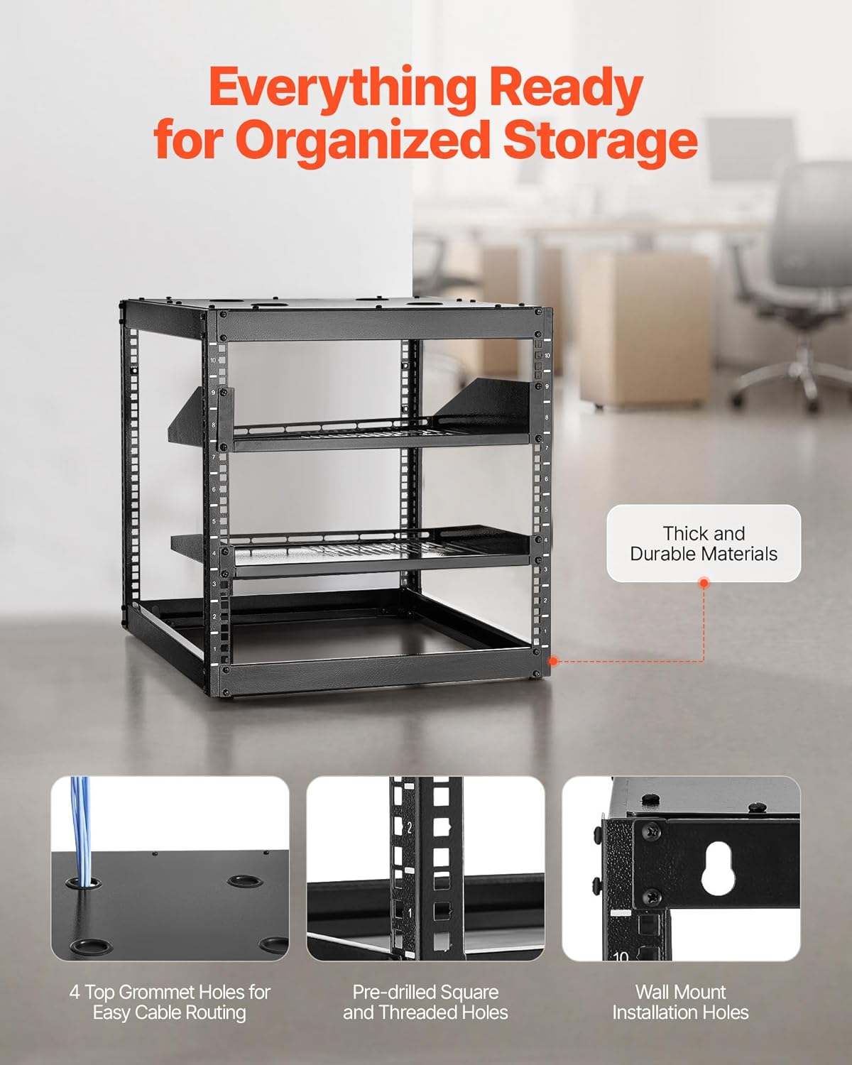 VEVOR 10U Server Rack, Open Frame Network Rack,4-Post Floor Standing or Wall Mounted, Includes 2PCS Vented 1U Rack Shelves & Mounting Hardware, Computer Wall Rack for 19" IT/AV Equipment