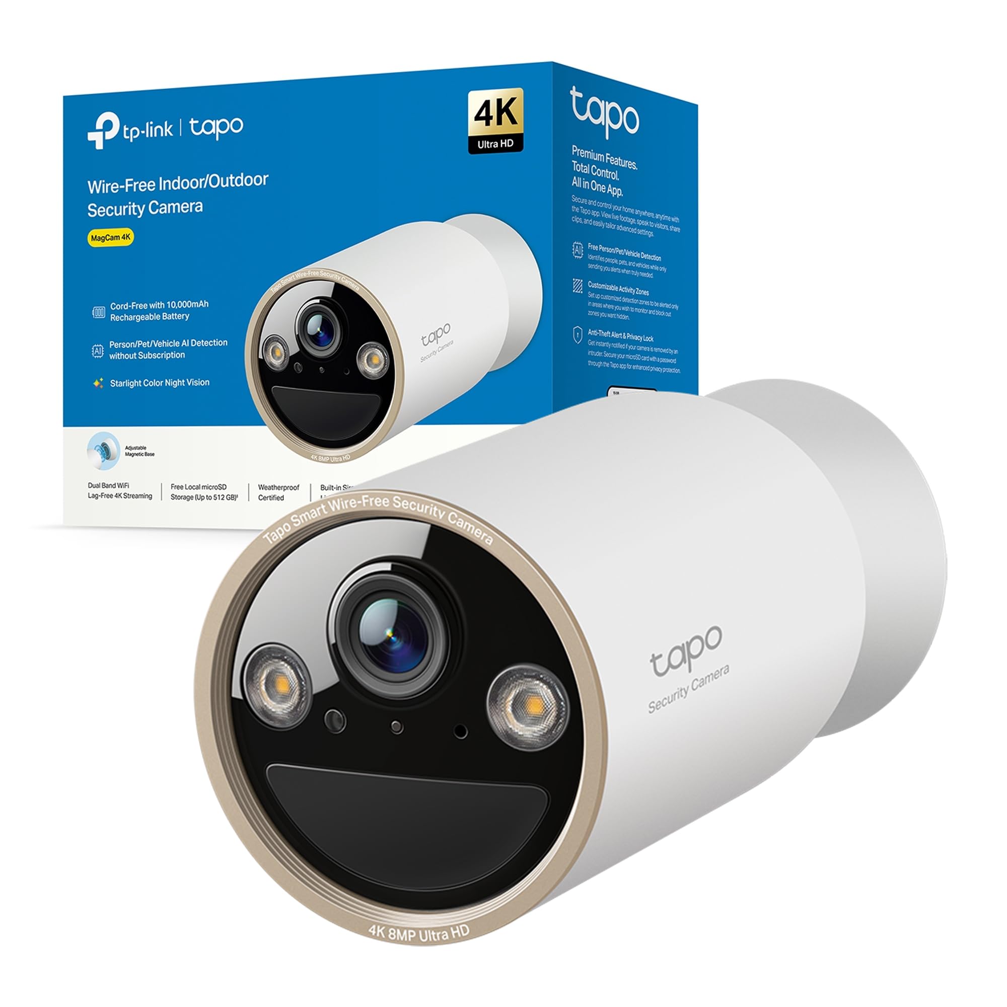 Tapo C460 4K 8MP Telecamera Batteria con Base Magnetica, Visione Notturna a Colori Starlight, Batteria 10000mAh, Connettività WiFi Dual-band 5G/2.4G, Rilevamento AI, IP66, Allarme Rapida e Antifurto