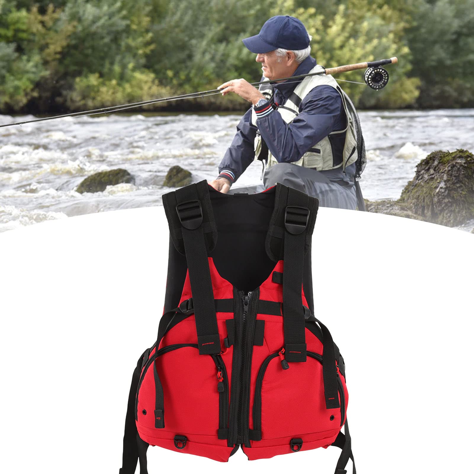 Gilet da Pesca All'aperto Giubbotto di Salvataggio da Pesca Multitasche Leggero e Durevole per Varie attività All'aperto Rosso Taglia Unica