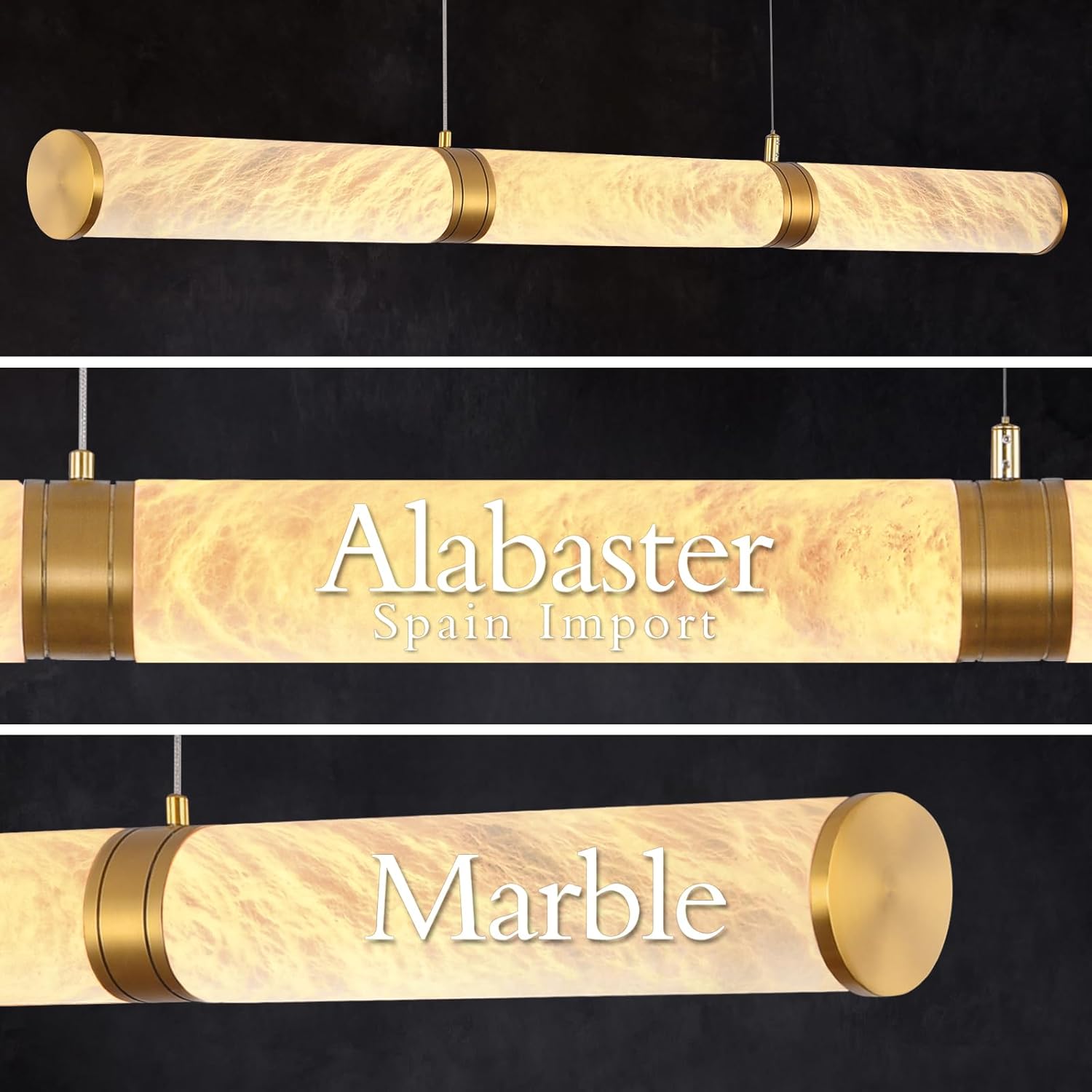 Cylinder Alabaster Chandelier, L47in Gold Marble Chandeliers for Dining Room, Modern Linear Chandelier Over Table, Brass LED Chandeliers for Kitchen Island