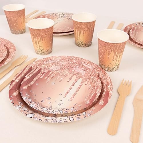 Miniatura 9 de Efavormart - Kit de 72 piezas de suministros desechables para fiestas de oro rosa con patrón de goteo de diamantes, platos de papel, tazas y