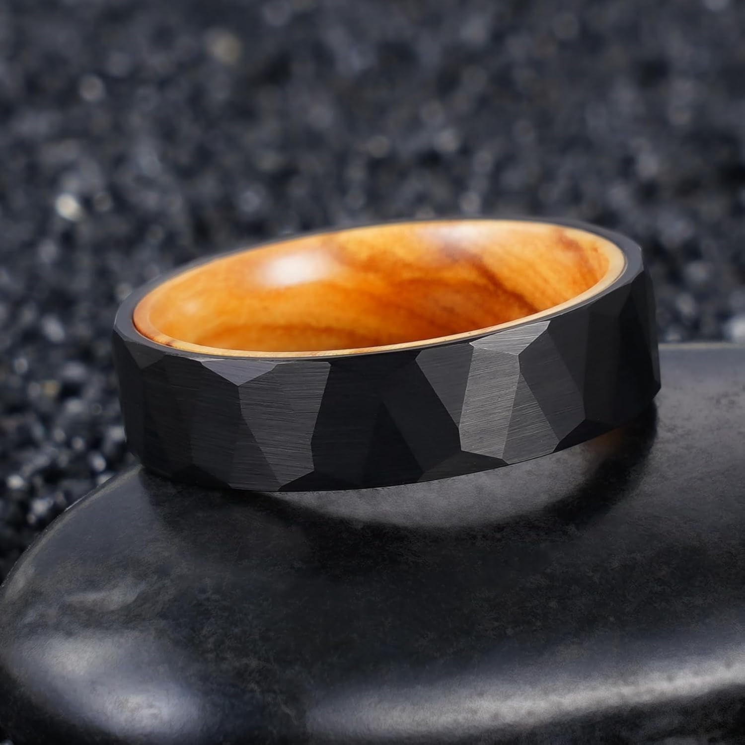 2/4/6/8mm Black/silver/gold Tungsten Rings for Men Womens Couple Fashion Jewelry Promise Engagement Wedding Band Hammered Inner ring inlaid with olive wood Carbide Polished Edge Comfort Fit - Image 4