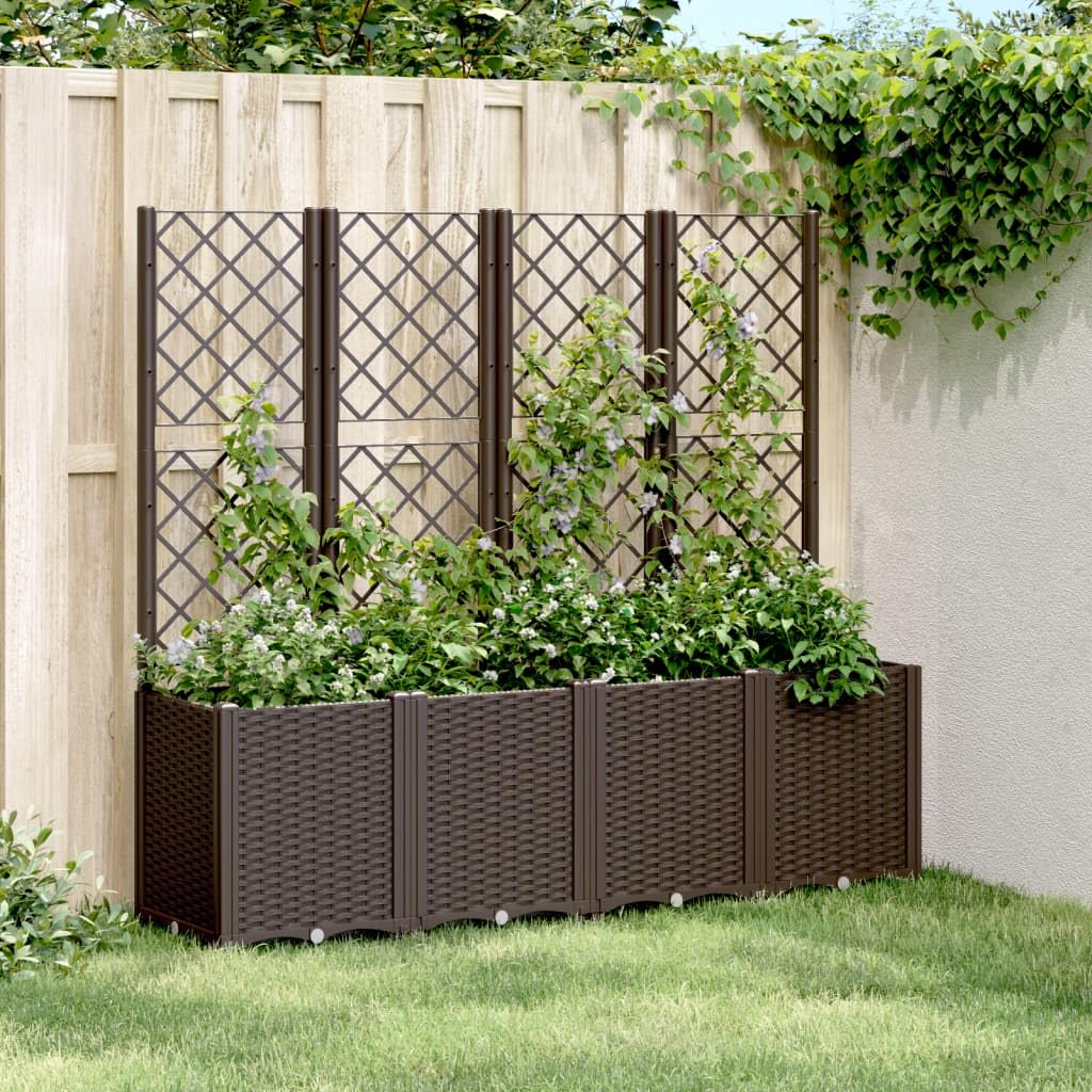 Donica ogrodowa z kratka i modularna brązowa 160x40x140 cm PP pojemniki na kwiaty taras balkon roslina pnaca rattan