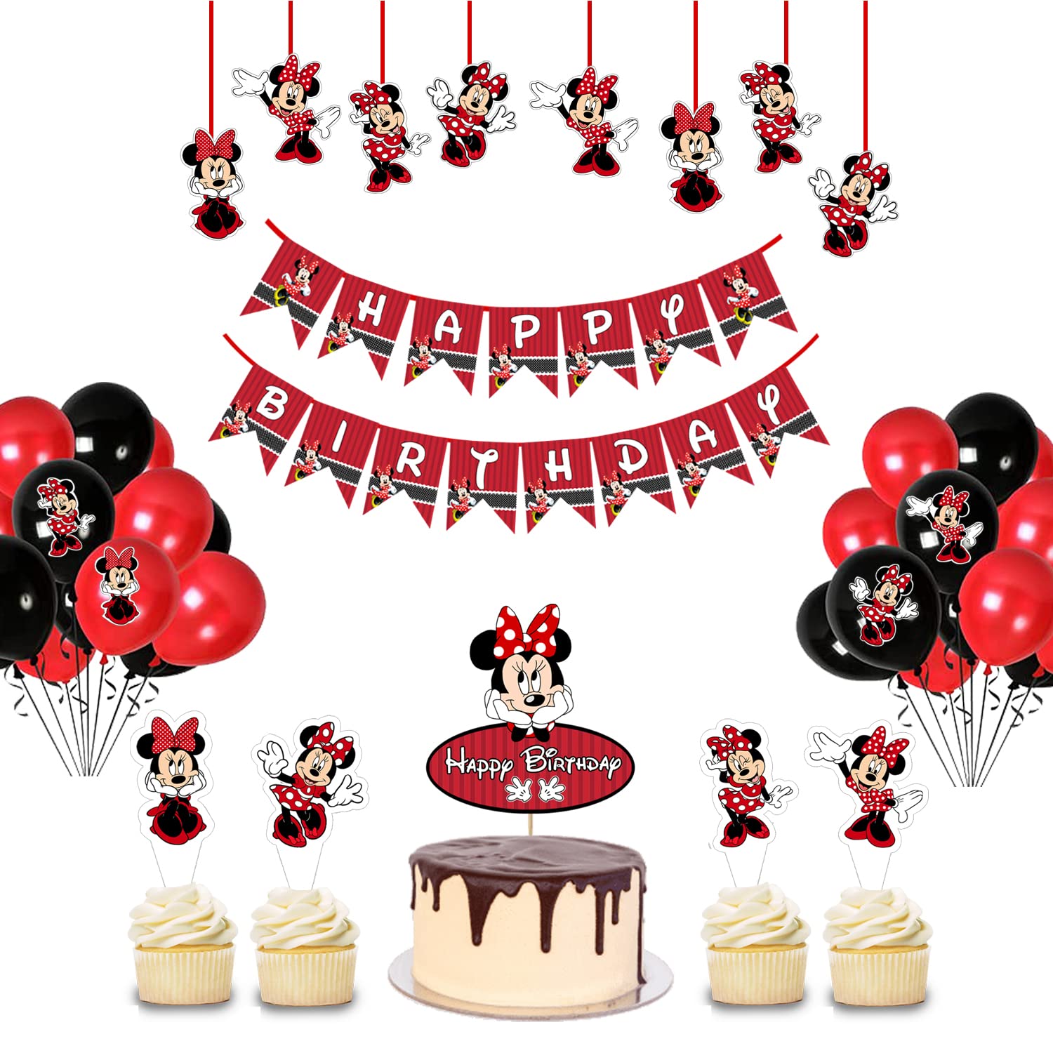WoW Party Studio Minnie Mouse Birthday Decorations Items Combo Set - 38Pcs With Banner, Cake Topper, Ceiling Hangings, Balloons - Happy Birthday Decoration Kit For Girls / Boys Birthday
