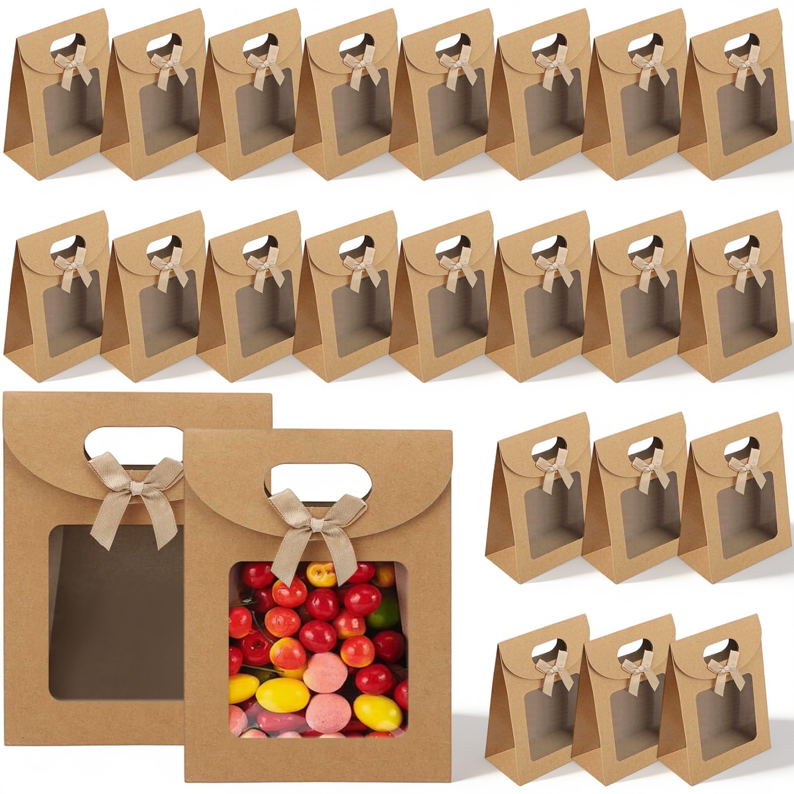 24 Pcs Kraft Paper Gift Bags with Clear Window, Stand Up Packaging Bag with Handles & Bowknot, Brown Favour Bags, Gift Pouches for Wedding, Birthday, Christmas, Party, Cookie, Presents (16 * 12 * 6cm)