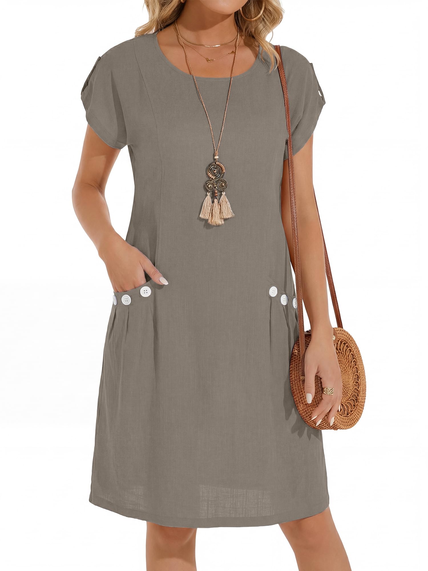 YYIDATON Sommerkleid Damen Leinen Rundhals Knielang Freizeitkleid A-Line Kurzarm Classics Midi Strand Kleider