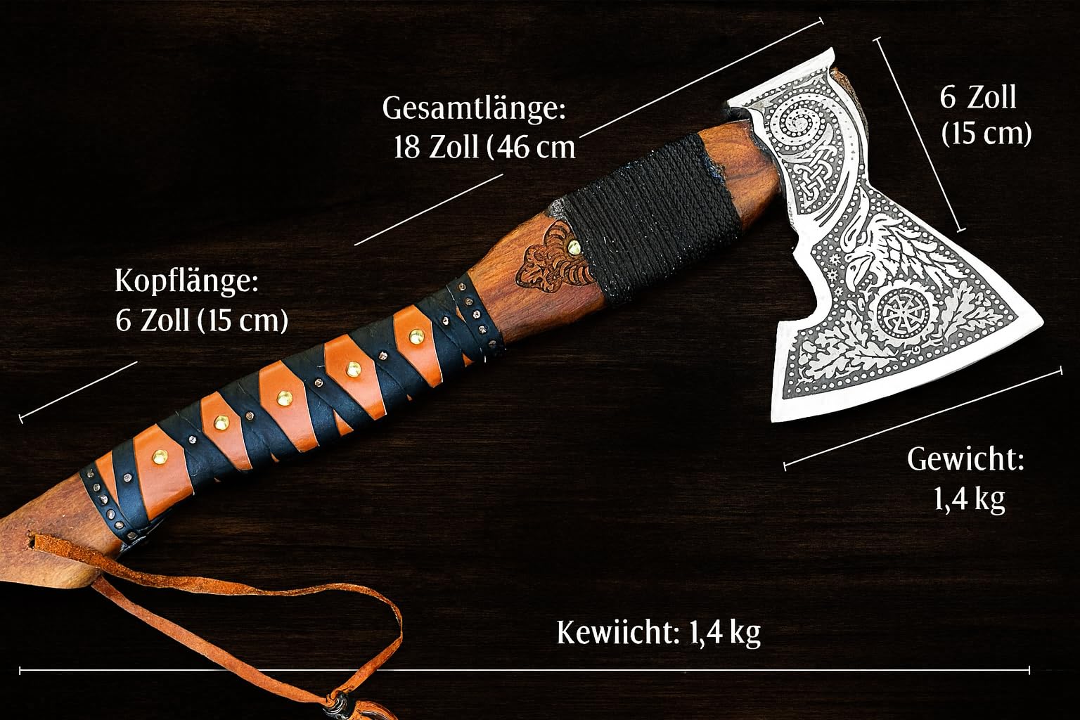 Novahaven Falkir – Hacha de lujo forjada a mano al aire libre de acero inoxidable con grabado, mango de palo de rosa y funda de cuero – Hacha de camping estilo vikingo, hacha de bushcraft, idea de
