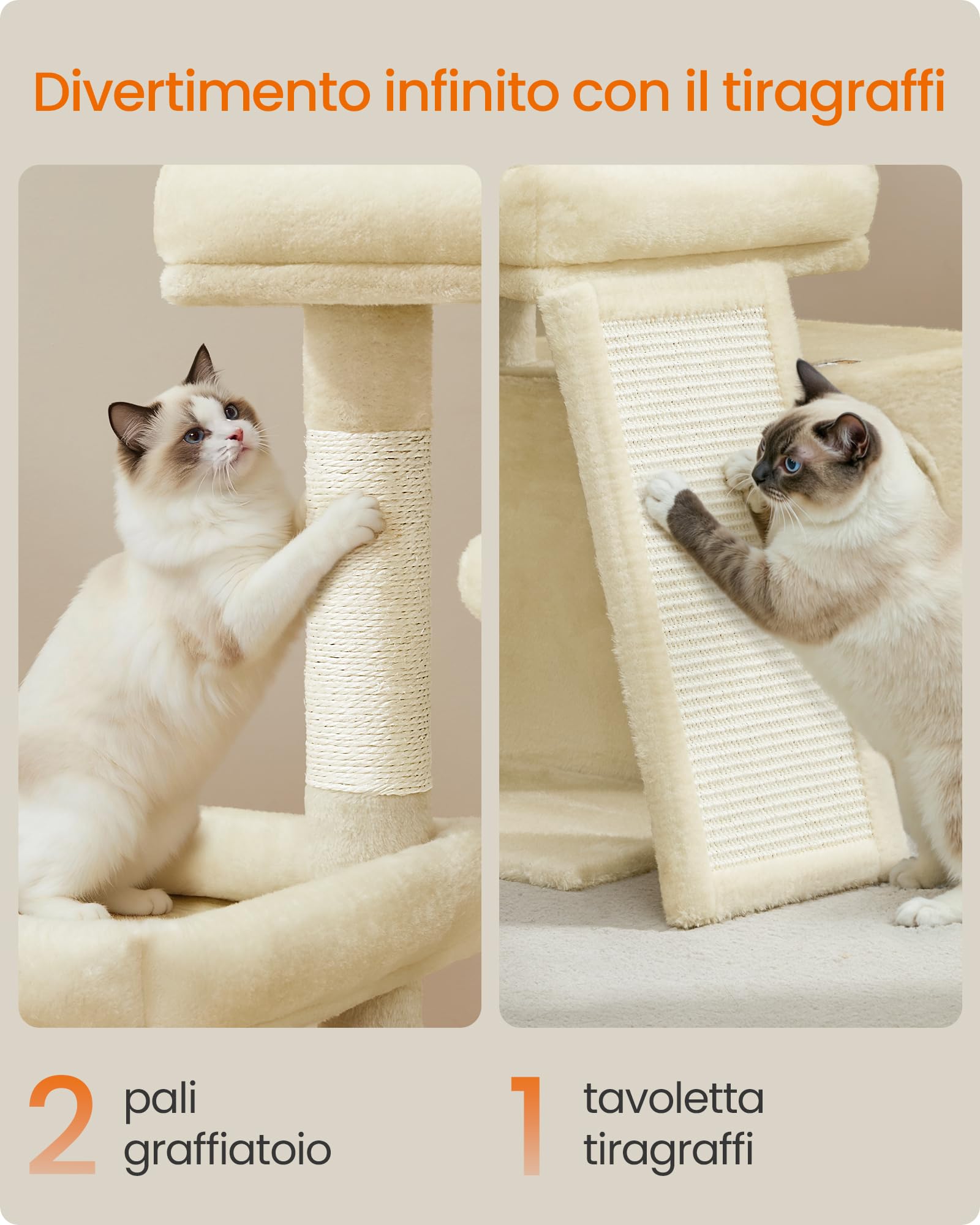 Feandrea Albero per Gatti con 2 Letti Grandi, Tiragraffi con Pali e Rampa Graffiatoio, Alto 85,8 cm, Beige Sabbia PCT013LF01