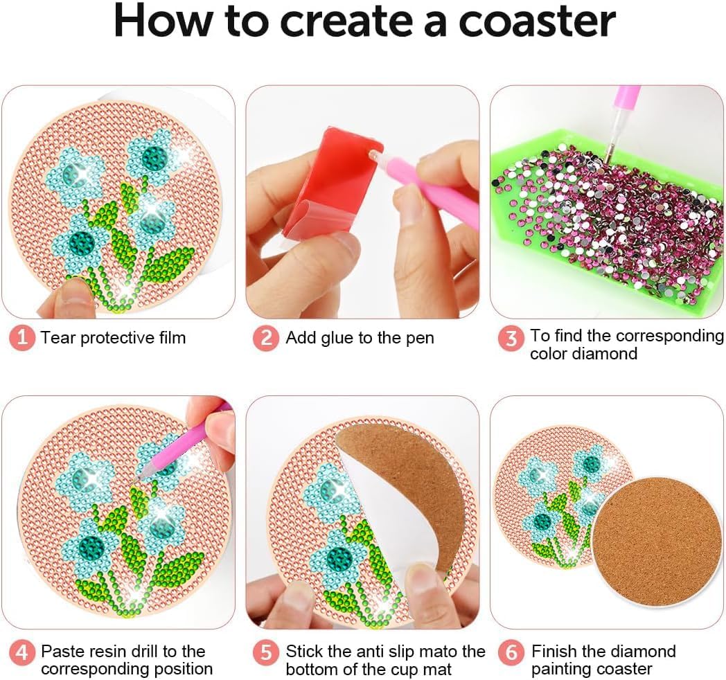8 Pcs Flowers Diamond Art Coasters Kits with Holder - Image 3