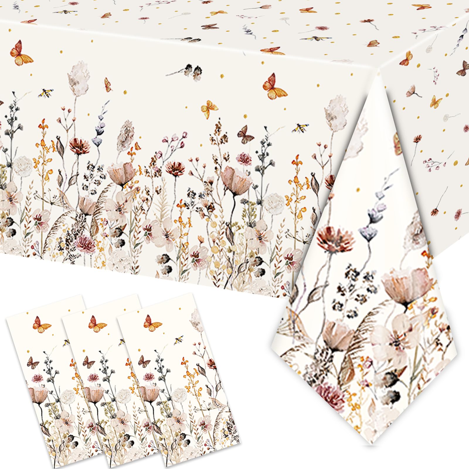 XueXiceili 3PCS Wildflower Party Tablecloth for Girls Baby Shower Boho Spring Floral Birthday Wedding Party Decorations Flower Tablecover for 20 Guests