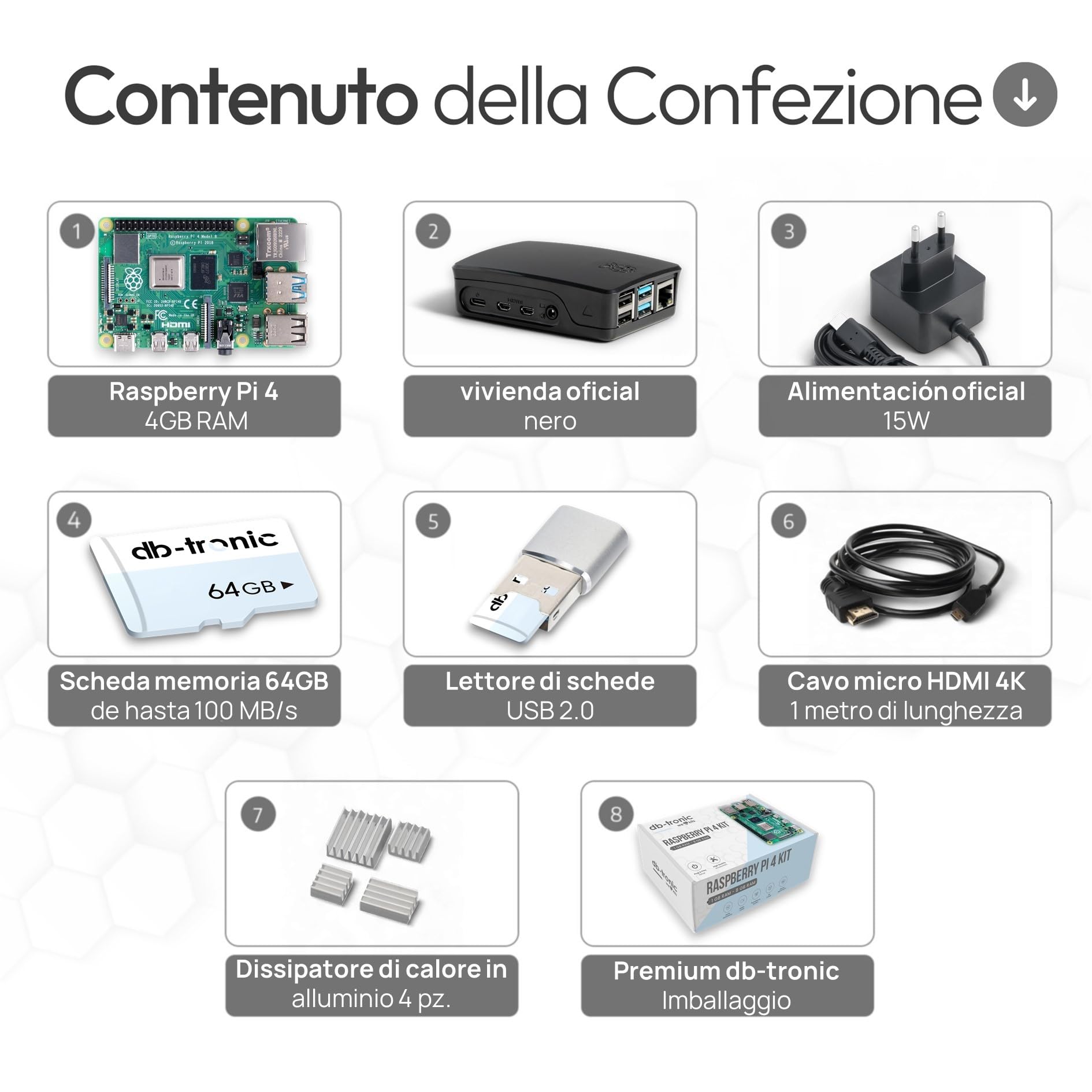 db-tronic Raspberry Pi 4 4 GB Starter Kit | Edizione nera da 64 GB | Alimentatore da 15 W | Alloggiamento | Cavo Micro HDMI 4K | Dissipatori | ideale per Home Assistant e la smart home