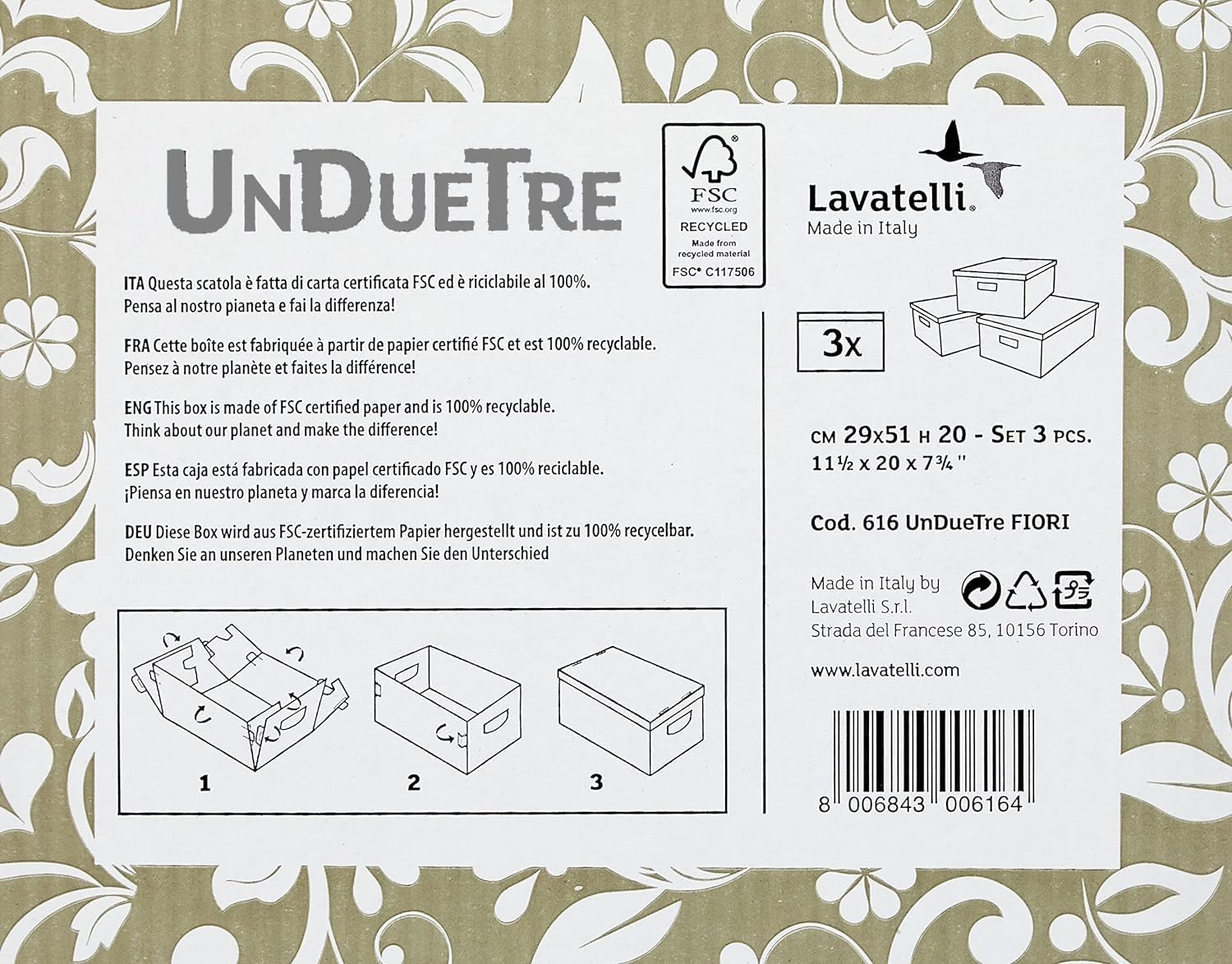 Lavatelli Set di 6 Scatole in Cartone certificate Fsc, organizer per armadio con coperchio, portaoggetti, per trasporto e trasloco, vestiti e scarpe 29x51x20cm, Fiori