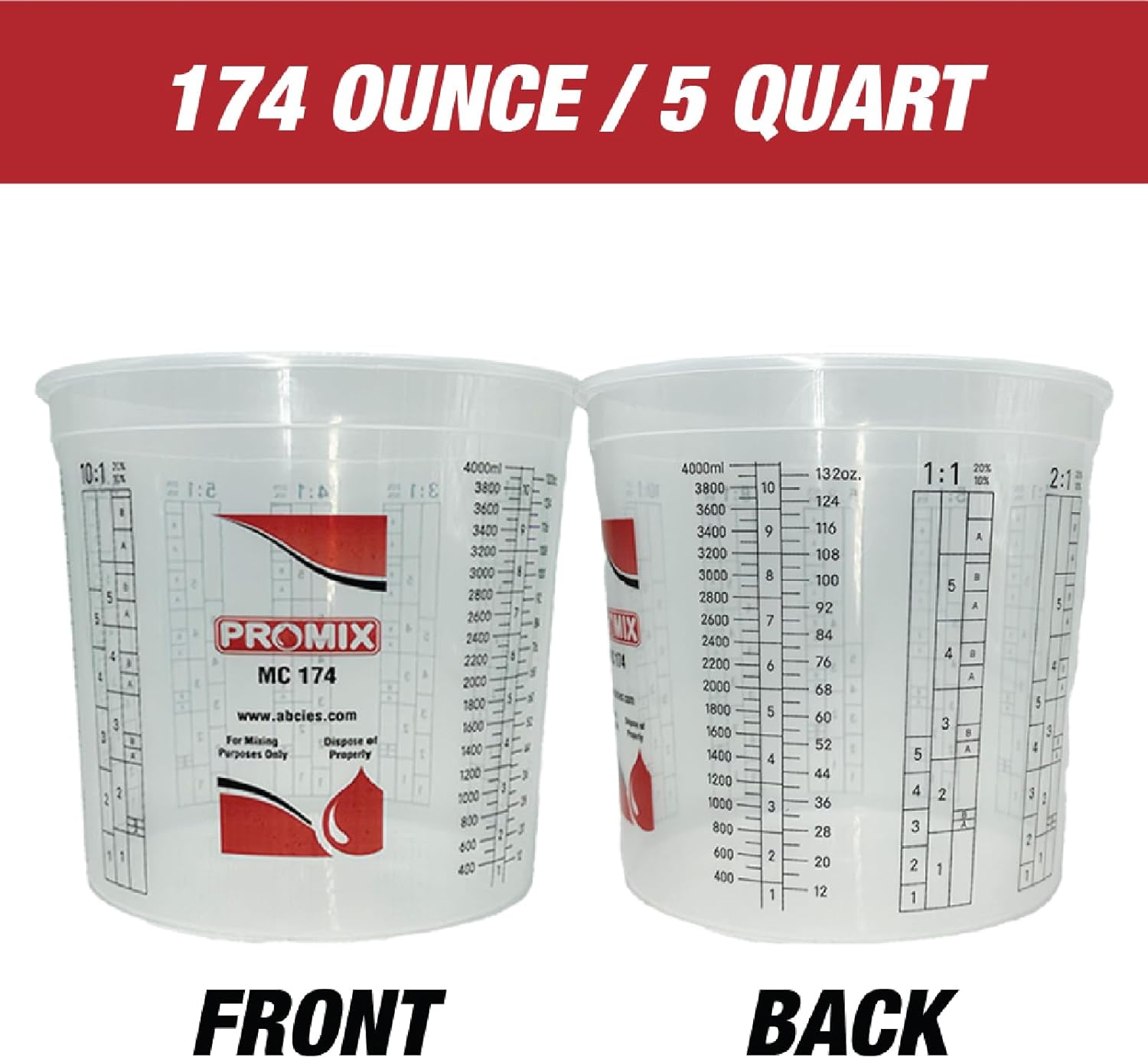 Box of 40 - Paint & Epoxy Mixing Cups Buckets - 174 Ounce (5-Quart) - Calibrated Mixing ratios on Side - Solvent Resistant, Reusable Clear Plastic Cups for Paint, Epoxy, Resin, Oil, Thinner (40)