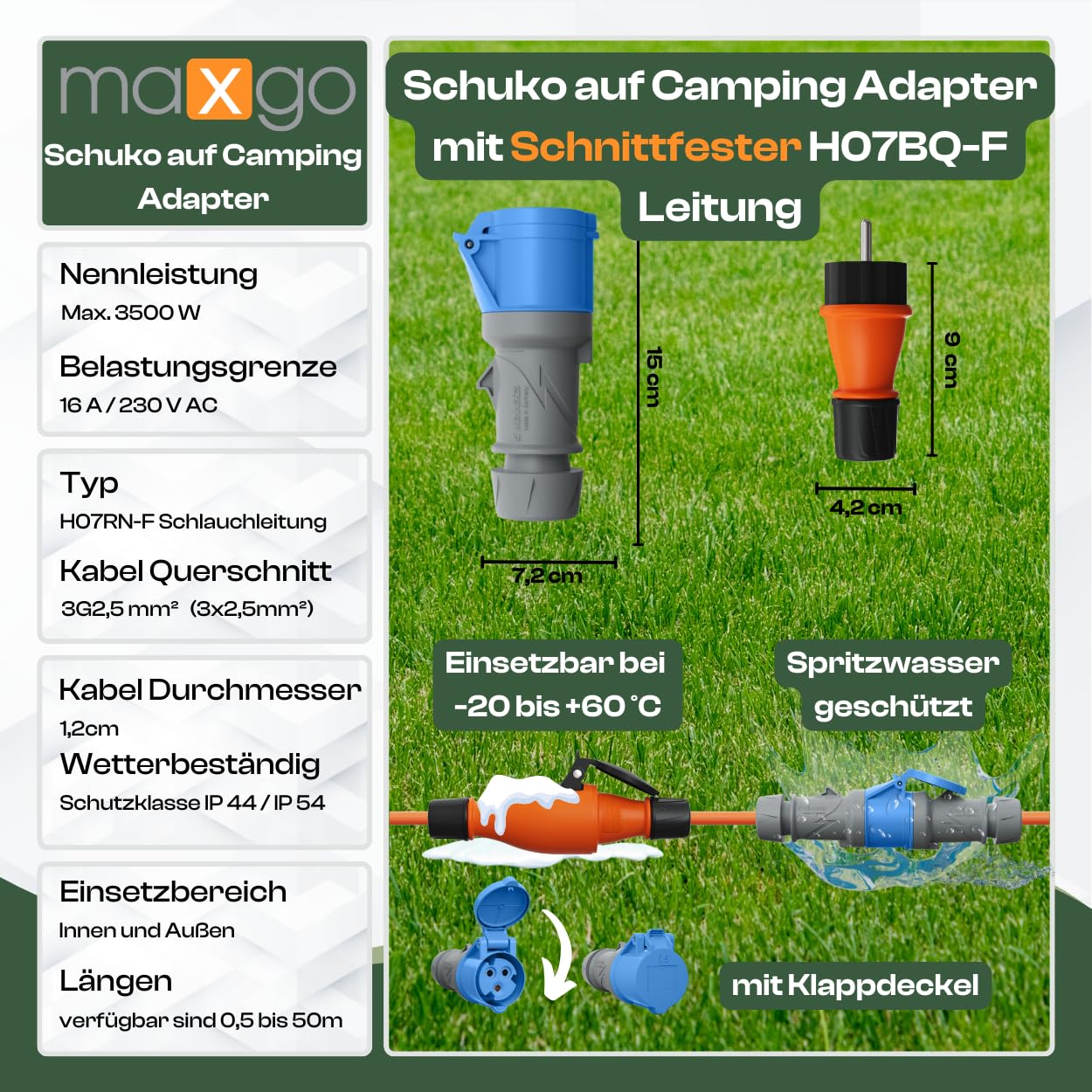 Schuko auf CEE Adapter 10m Camping Stromkabel H07BQ-F 3x2,5 Landstromkabel Wohnmobil Wohnwagen Kabel Camping Adapter 10 Meter Strom Verlängerungskabel CEE-Stecker Campingstecker
