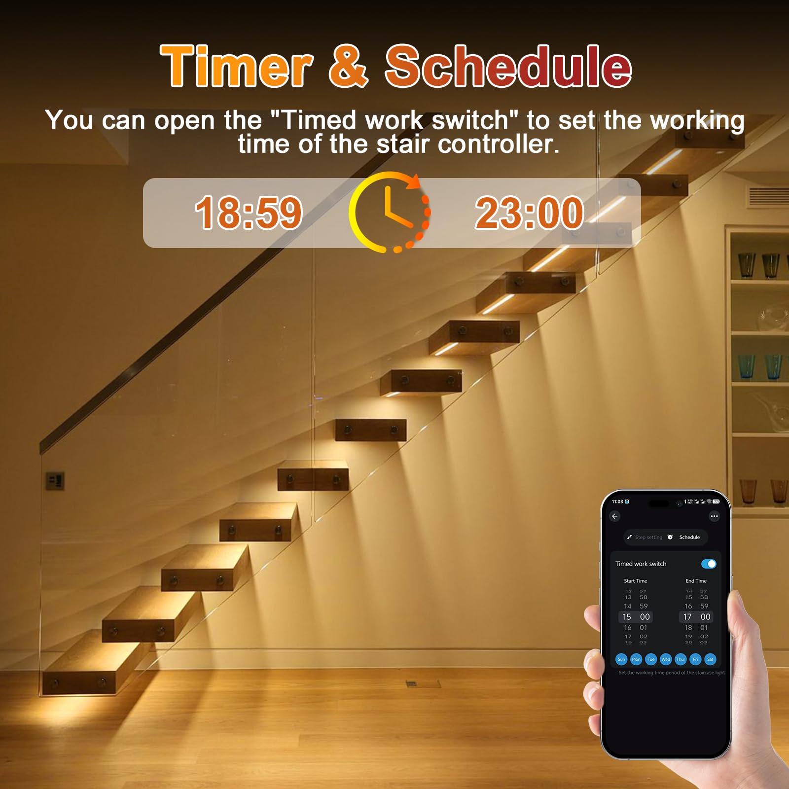 Intelligente Treppenbeleuchtung 16 Stufen Warmweiß 3000K | Bewegungsmelder Treppenlicht mit App & RF-Fernbedienung, Bluetooth Smart Stair Light, COB LED Streifen Indoor