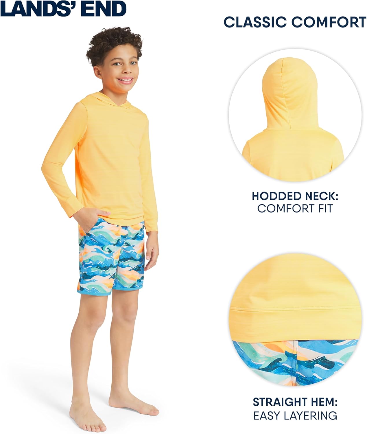 Lands' End Boys' Swim UPF 50+ Long Sleeve Hooded Sun Tee Rash Guard Shirt