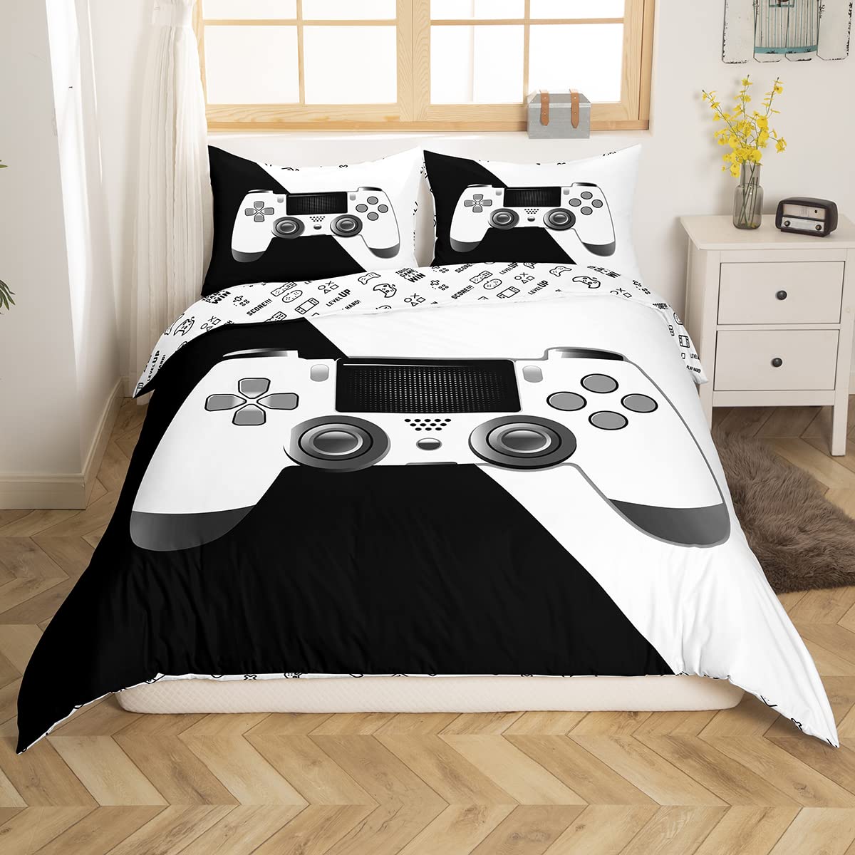 Loussiesd Games Duvet Cover Set Gamer Video Game Comforter Cover Set for Teens Boys Kids Black White Gaming Bedding Set Soft Console Game Controller Bedding with 1 Pillocase(Quilt,Bedspread,Single)