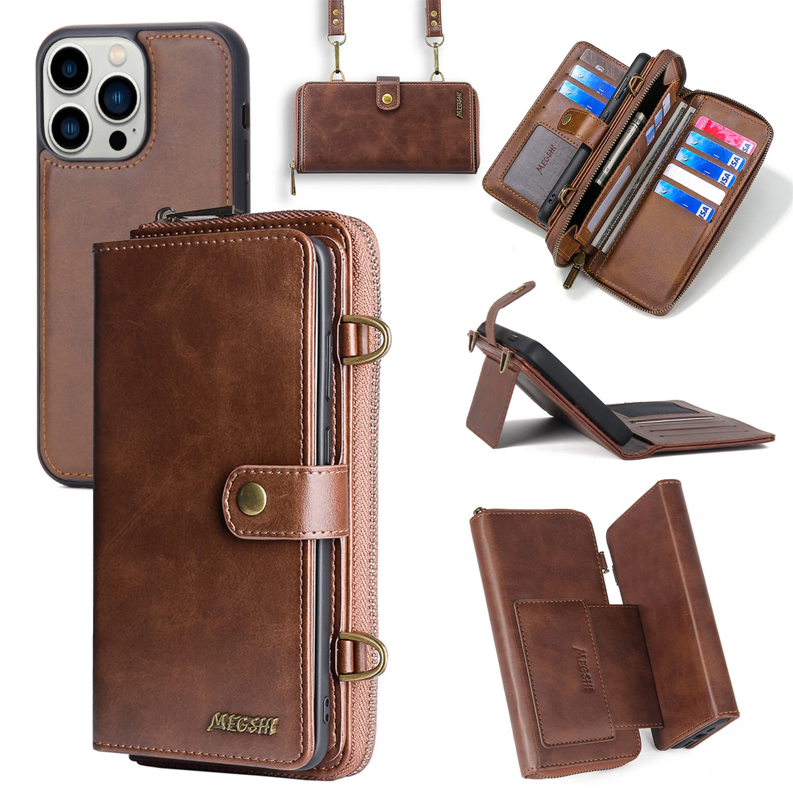 Funda Billetera para iphone11 /11ProMax,3 en 1Estuche Magnético Desmontable Tipo Billetera,Cuero PU con Tarjetero,Correa Multifunción con Cremallera Titular la Tarjeta Crossbody