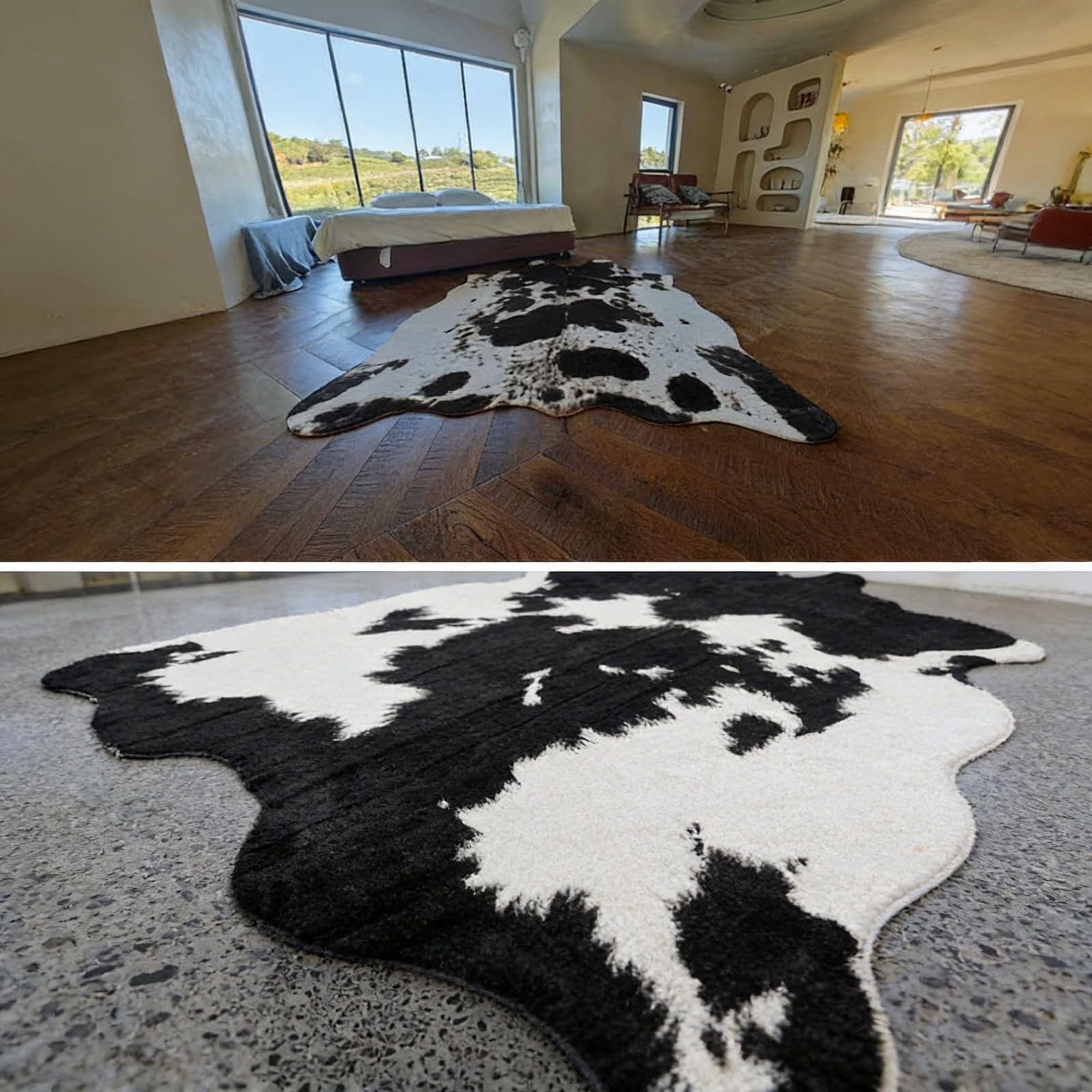 Pelliccia Sintetica Bianco e Nero Tappeto - Finta Mucca Short Pile Tappeto per Salotto Camera da Letto, 200x140cm, Black White tappeti