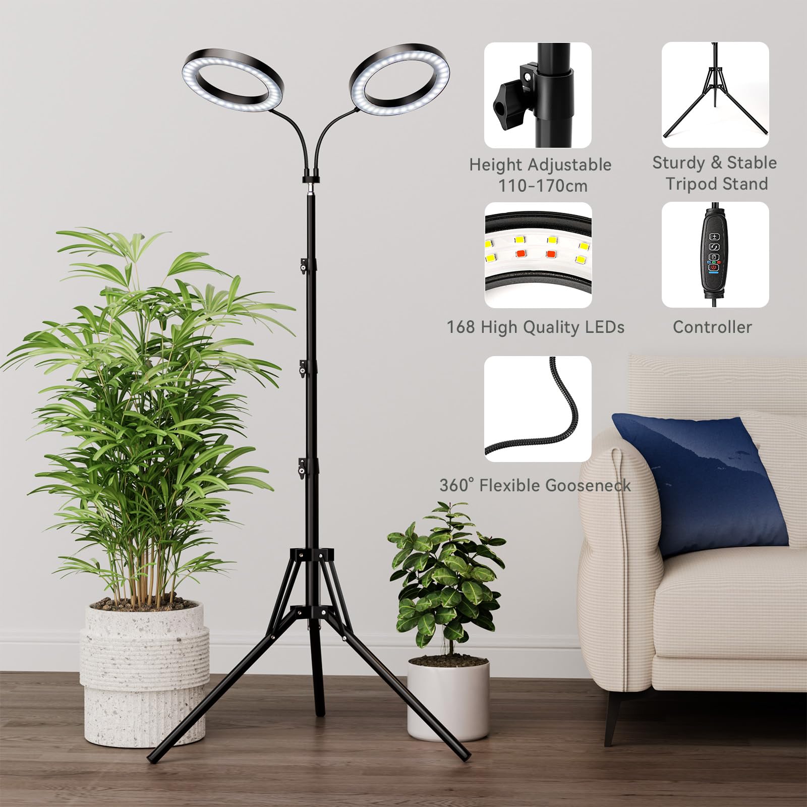 luz crecimiento plantas interior con LED,Lámpara de cultivo con soporte,3 modos, 10 brillos100-170 cm Ajustes del temporizador de 3/9/12 horas Cabezal de lámpara ajustable en 360°