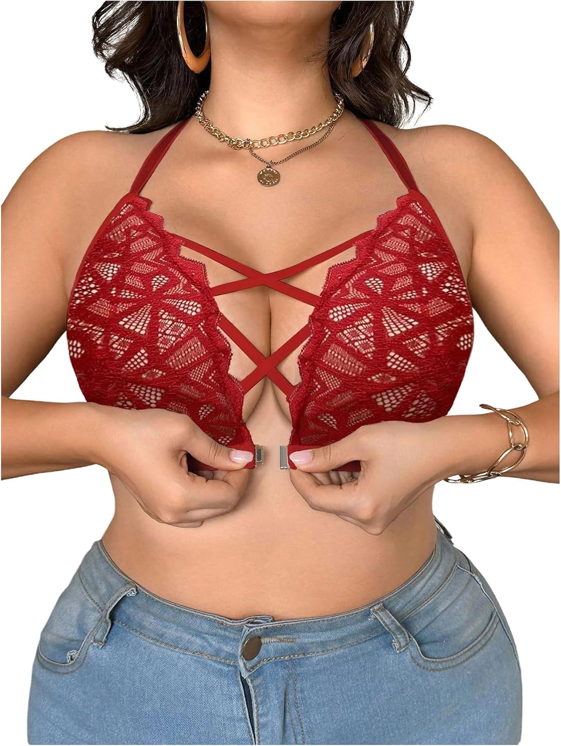 SOLY HUX Plus Size Lace Bras for Women Front Closure Bra Criss Cross Wireless Bralette
