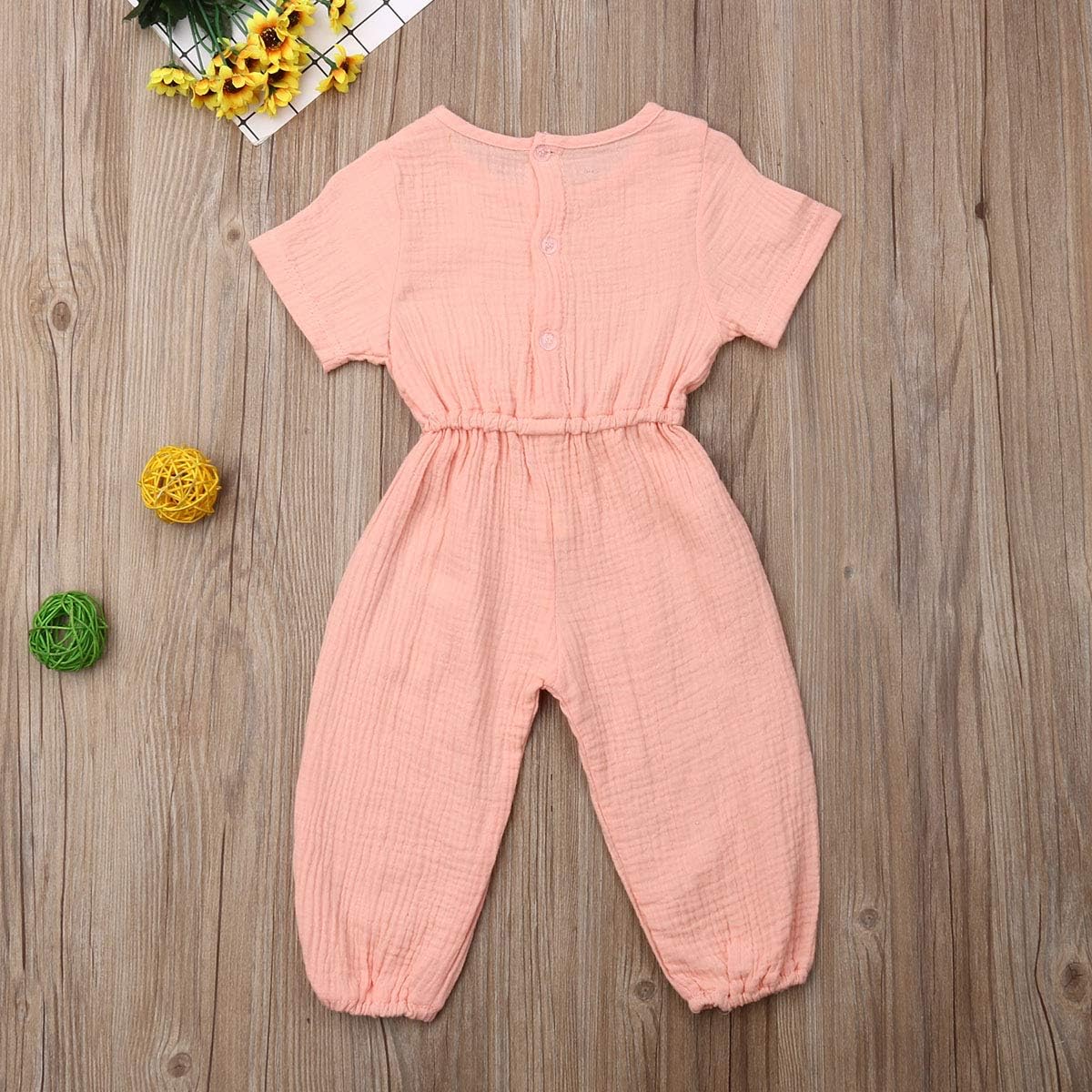 Mubineo Toddler Baby Girl Summer Fall Basic Plain Short Sleeve Cotton Linen Drawstring Romper Jumpsuit - Image 4