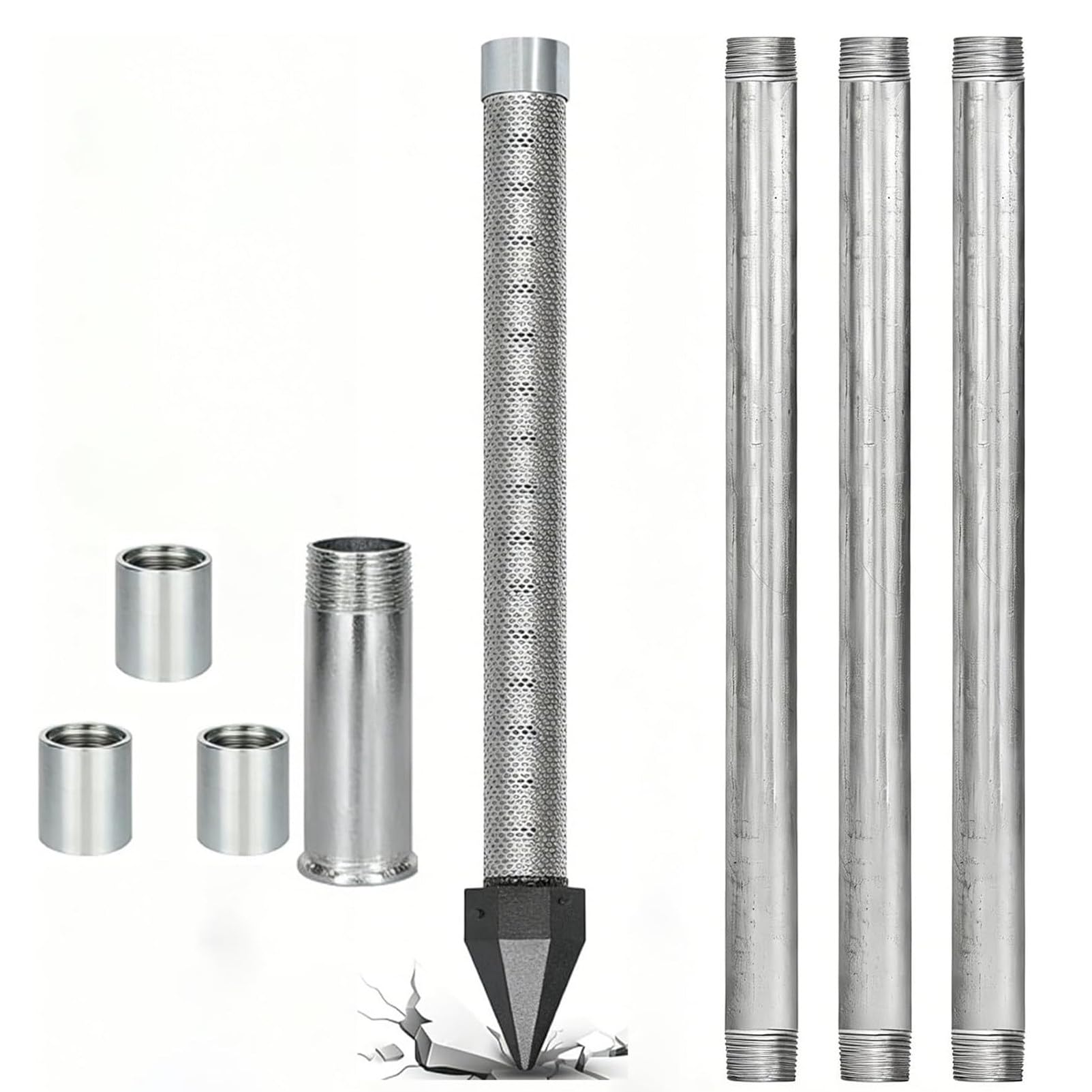 Ofyphth Well Drive Point Kit, 1-1/4 in Stainless Steel Sand Point Well with 60 Gauze Mesh, 36 in Length Pipe, Heavy Duty Shallow with Galvanized Pipes and Couplings, for Gardens & Farms. 4M