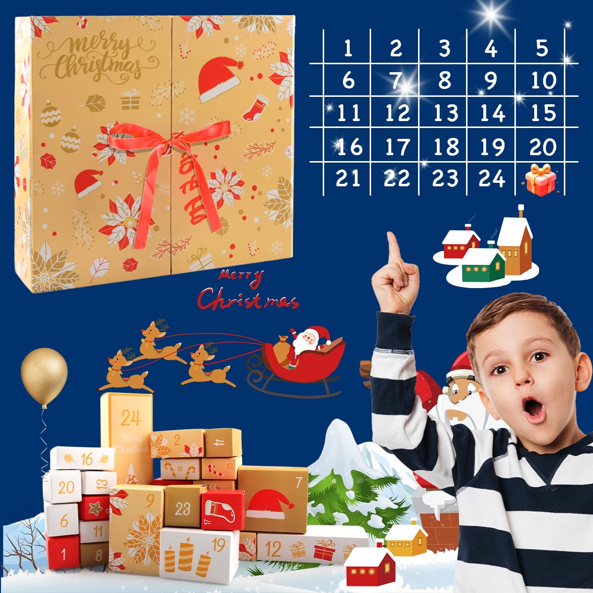 Set De Boîtes Calendrier De l'Avent Diy, 24 Boîte Cadeau De Noël, Kit Calendrier De l'Avent a Remplir, Calendrie De Compte à Rebours De Noël Décorations (Huang)