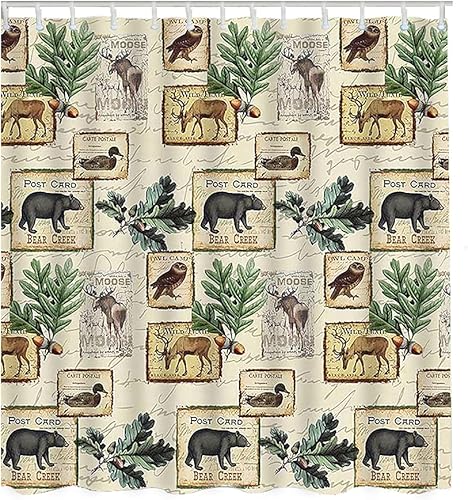 WONDERTIFY Cortina de ducha rústica para cabaña campestre, oso, ciervo, alce, búho, pato, animales silvestres, cortinas de baño, lavable a máquina,