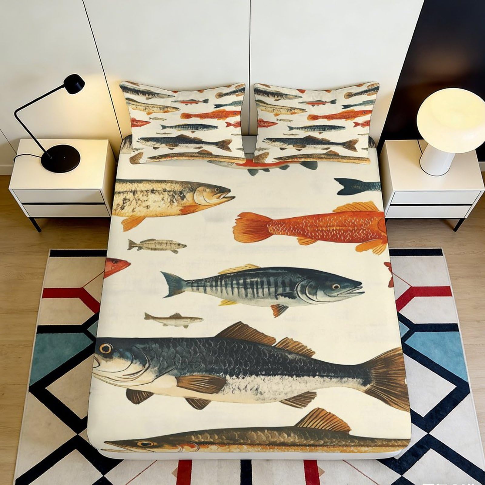 3D Printed Fish Species Fitted Sheet Microfiber Soft Textured Aquatic Bed Cover for Bedroom Guest Room Decor 90x200x25cm