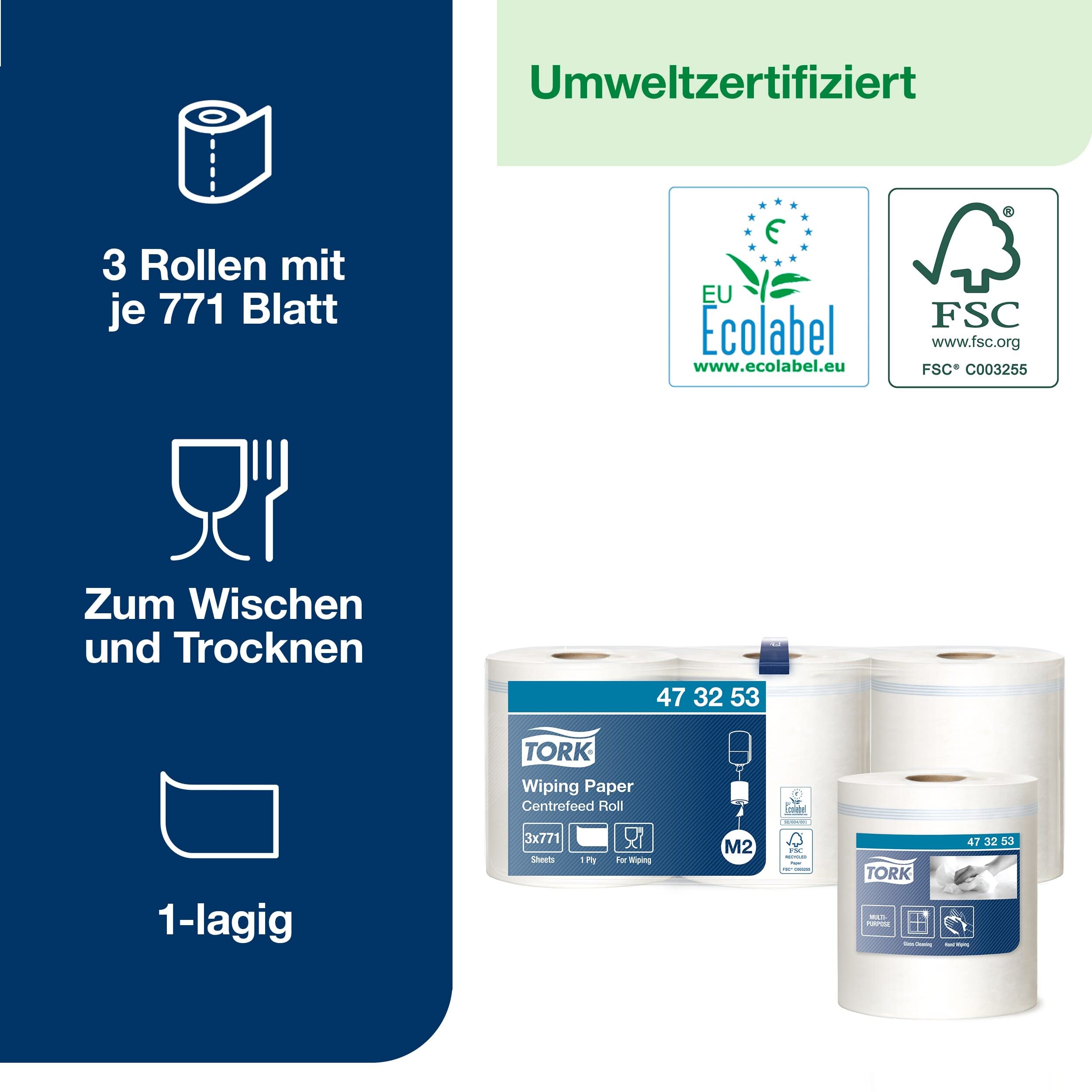 Tork Mehrzweck-Papierwischtücher mit Innenabrollung Weiß M2, Zum Abwischen von Händen und Oberflächen, 3 × 771 Blatt, 473253