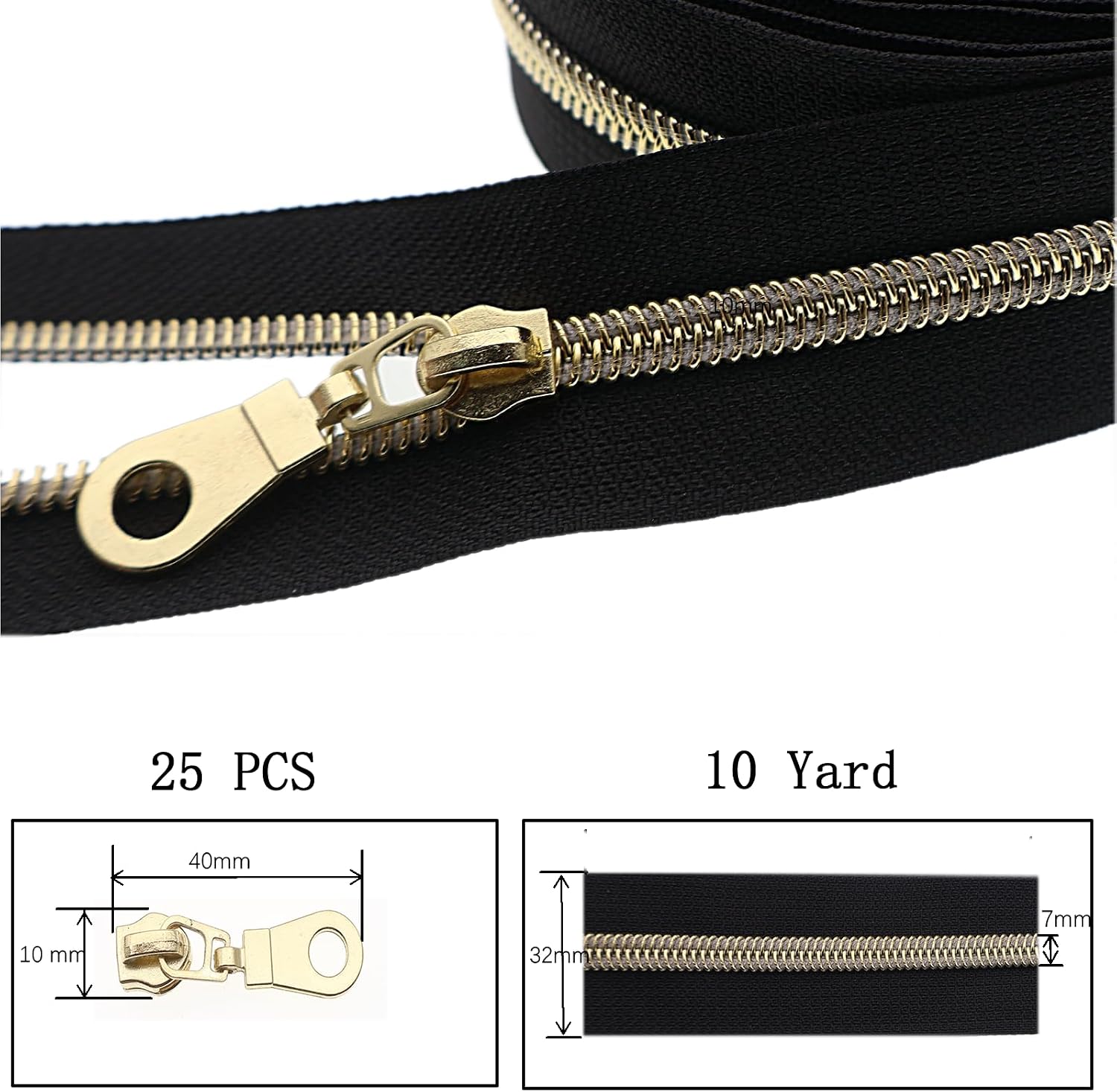 #5 Gold Metallic Nylon Coil Zipper by The Yard, Bulk 10 Yards Black Tape Gold Teeth with 25PCS Gold Zippers Pulls for Sewing, Bags, Purses YIGUANXIN