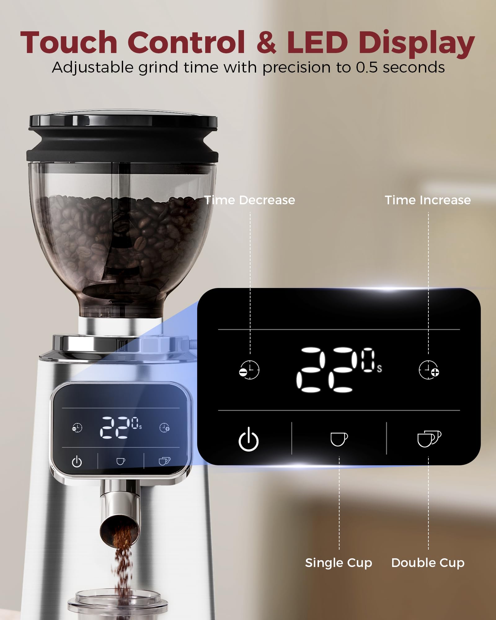 Tuni G3 64mm Flat Burr Electric Coffee Grinder with 100 Grind, Silver | Commercial Grade Espresso Grinder with Single Dose Set, Touchscreen Display, Anti-Static Tech, Stainless Steel