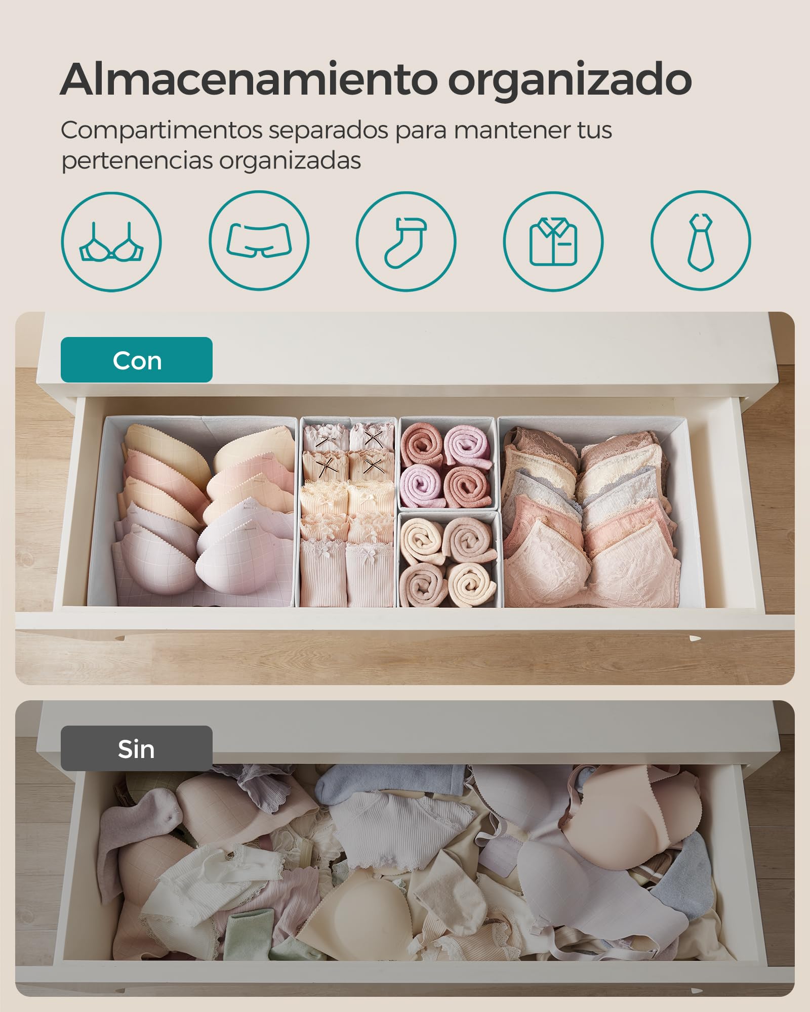SONGMICS Separadores de Cajones, Organizadores de Tela Plegables, Juego de 12, Blanco Nube RDZ006W02