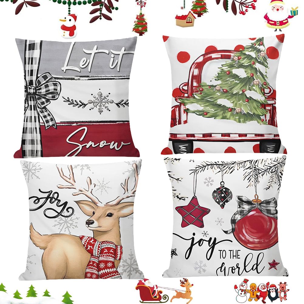 WFKKMEQ Christmas Cushion Covers Set, 4PCS Santa Claus Decorations Pillow Cases Snowman Sofa Couch Pillowcases Xmas Decorative Pillow Case CoverHoliday Decor Cushion Case Sofa Couch Living Room