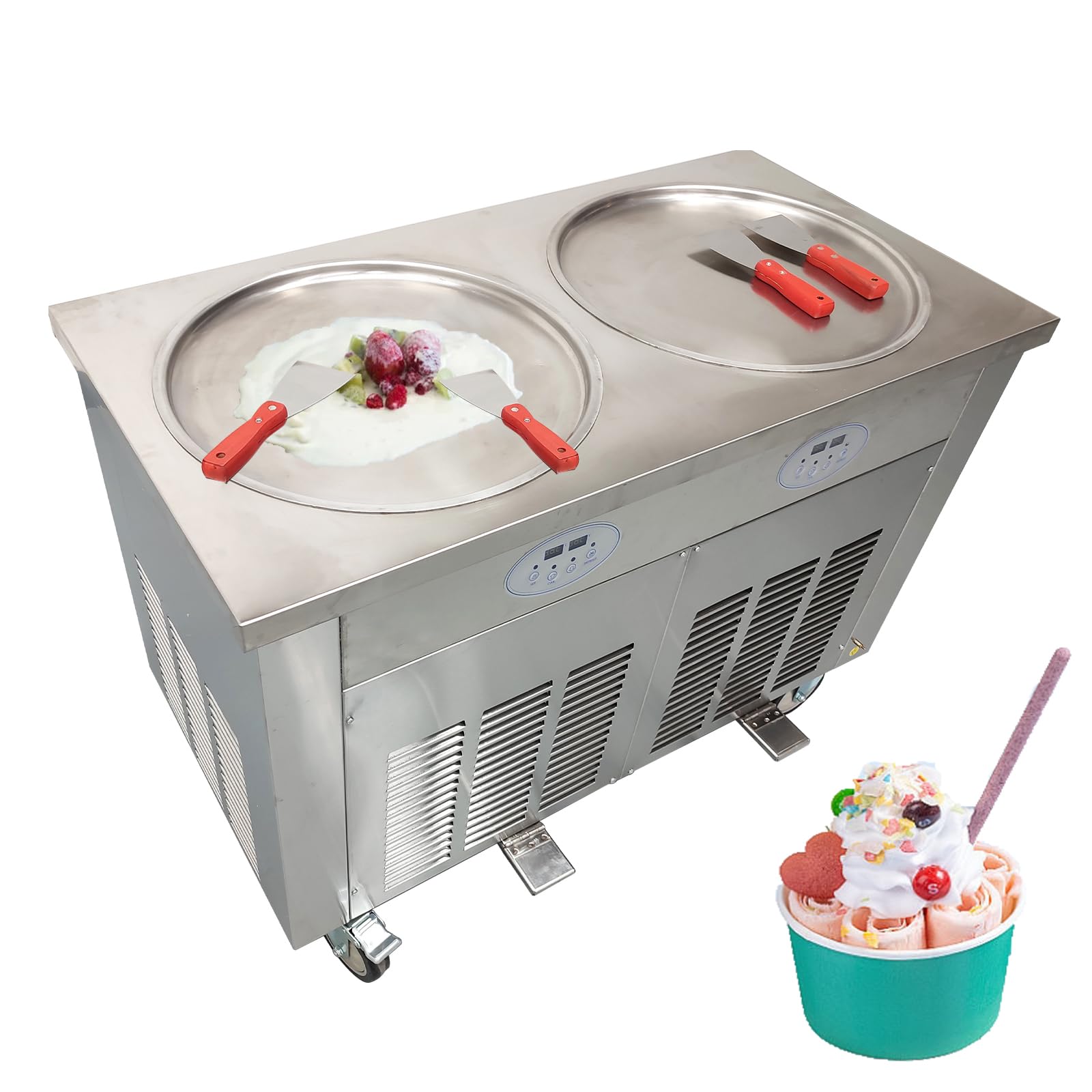 TECHTONGDA 17.7in Fried Ice Cream Roll Machine 110V Stainless Steel Ice Roll Maker, Frozen Yogurt Roll Ice Cream Machine with Foot Pedal Defrost and 4 Spatulas, Double Round Pans
