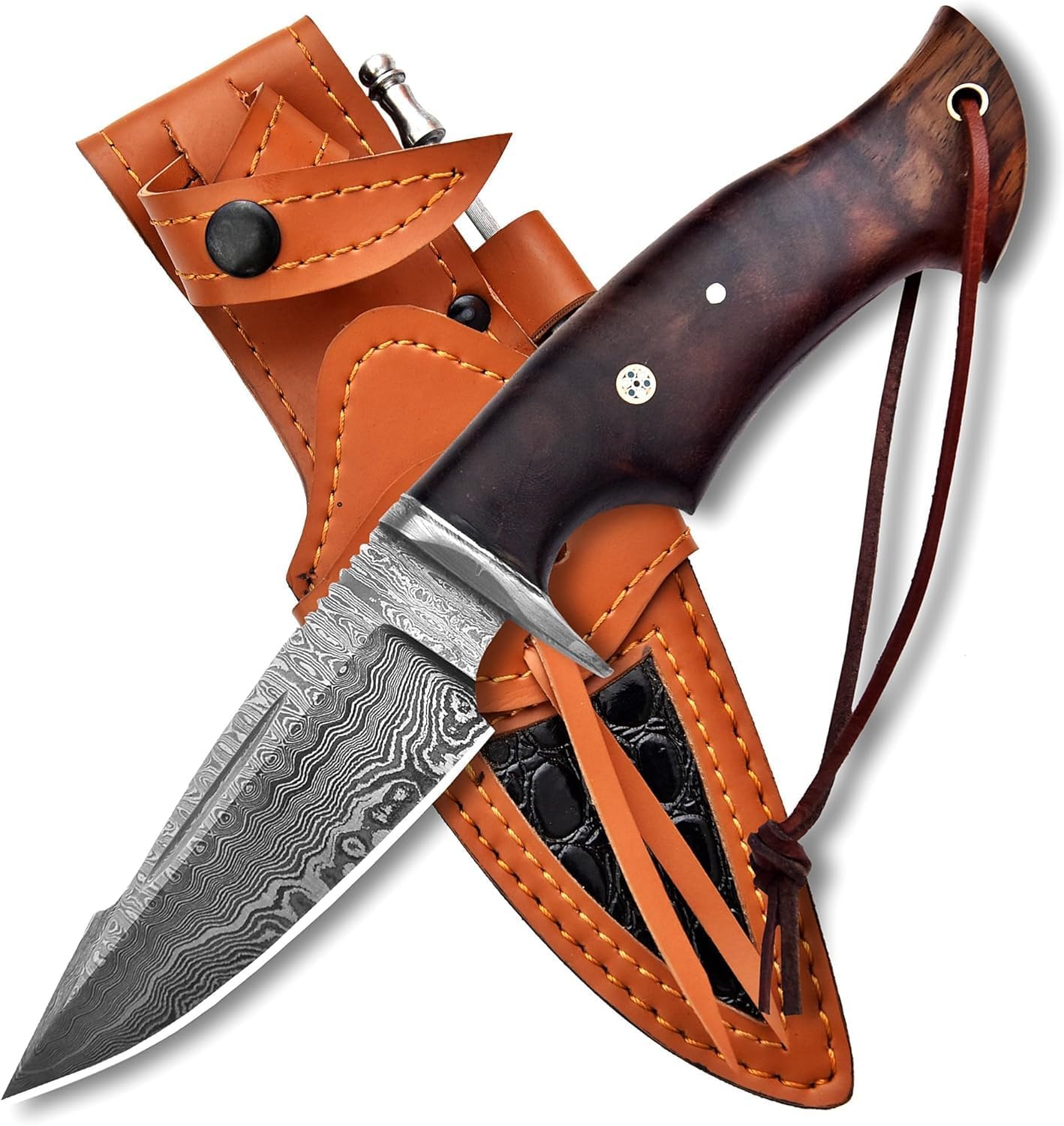 Hunting Knife 10 Inches - Handmade Damascus Steel Fixed Blade Knives - Walnut Wood Handle & Leather Sheath - Bushcraft Outdoor, Skinning & Survival Knife