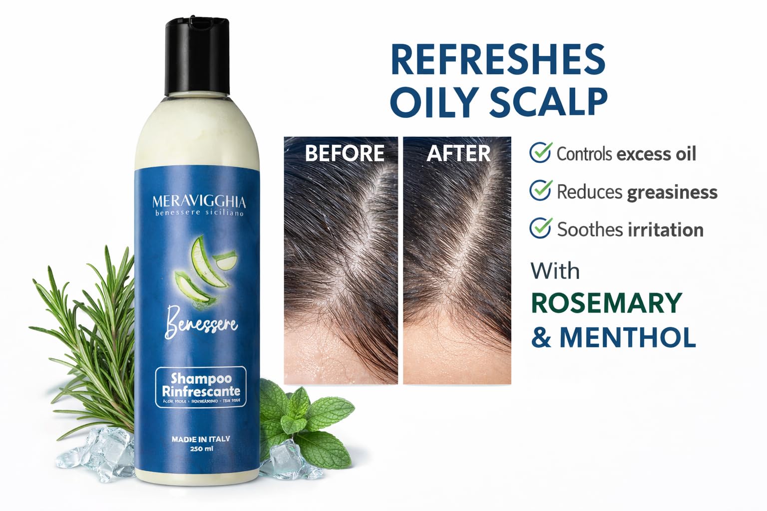 Shampoo Capelli Grassi Sebo-Regolatore al Rosmarino, Aloe e Menta - Cute Pulita e Rinfrescata dal primo lavaggio - Made in Italy - 250 ml