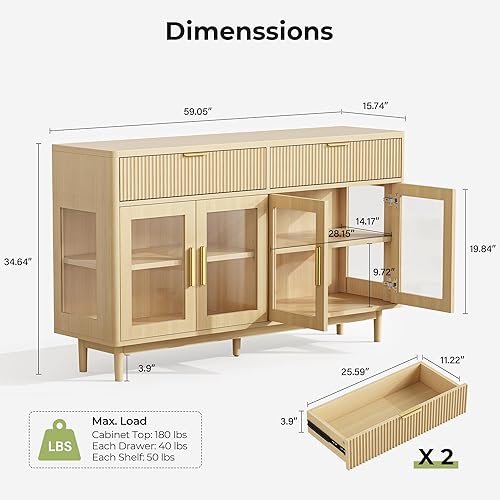 Miniatura 2 de IRONCK Aparador de buffet con almacenamiento, mesa de buffet moderna grande de 59 pulgadas, barra de café, barra de vino, armario de almacenamiento