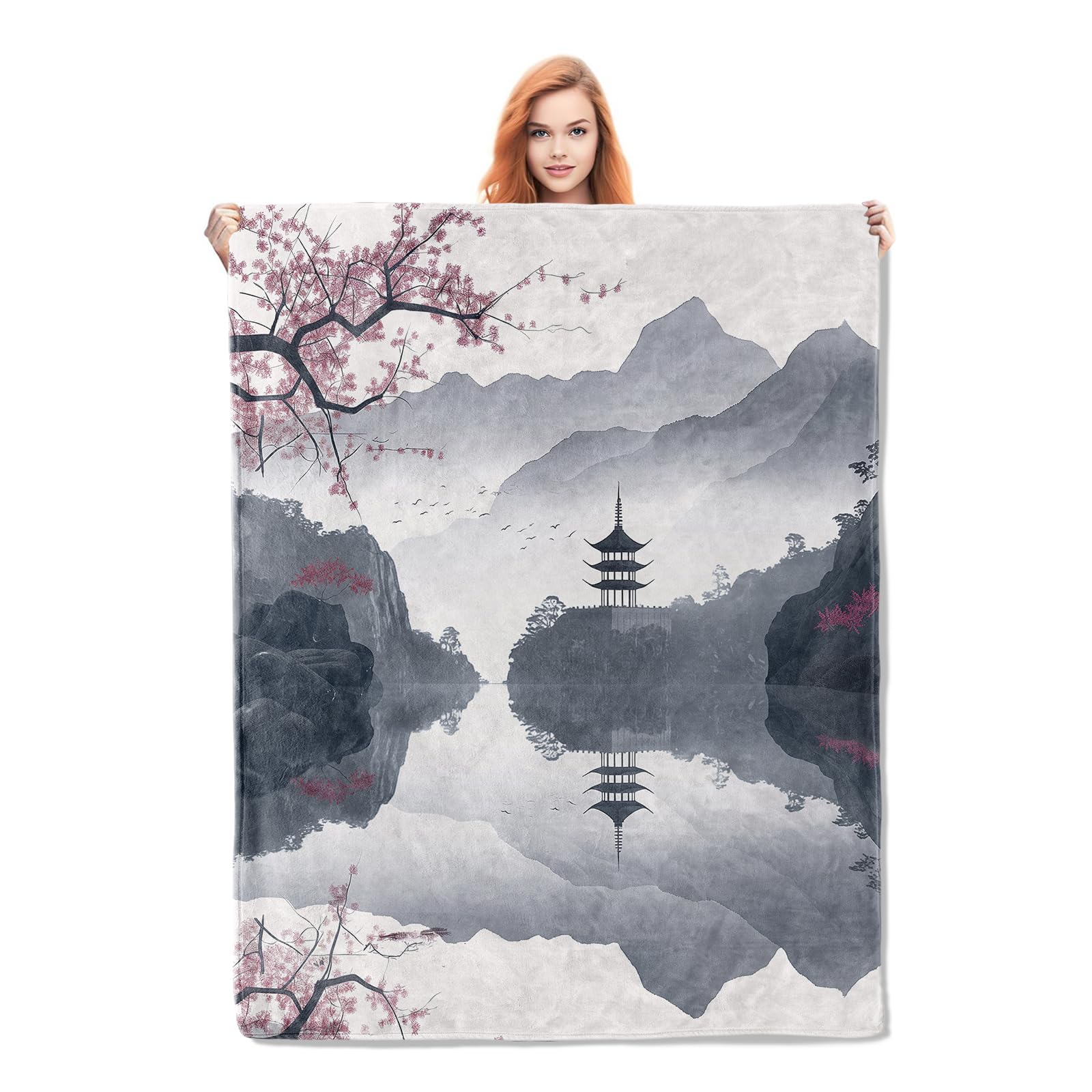 Couverture fleurs de cerisier : plaid doux lit et canapé style aquarelle