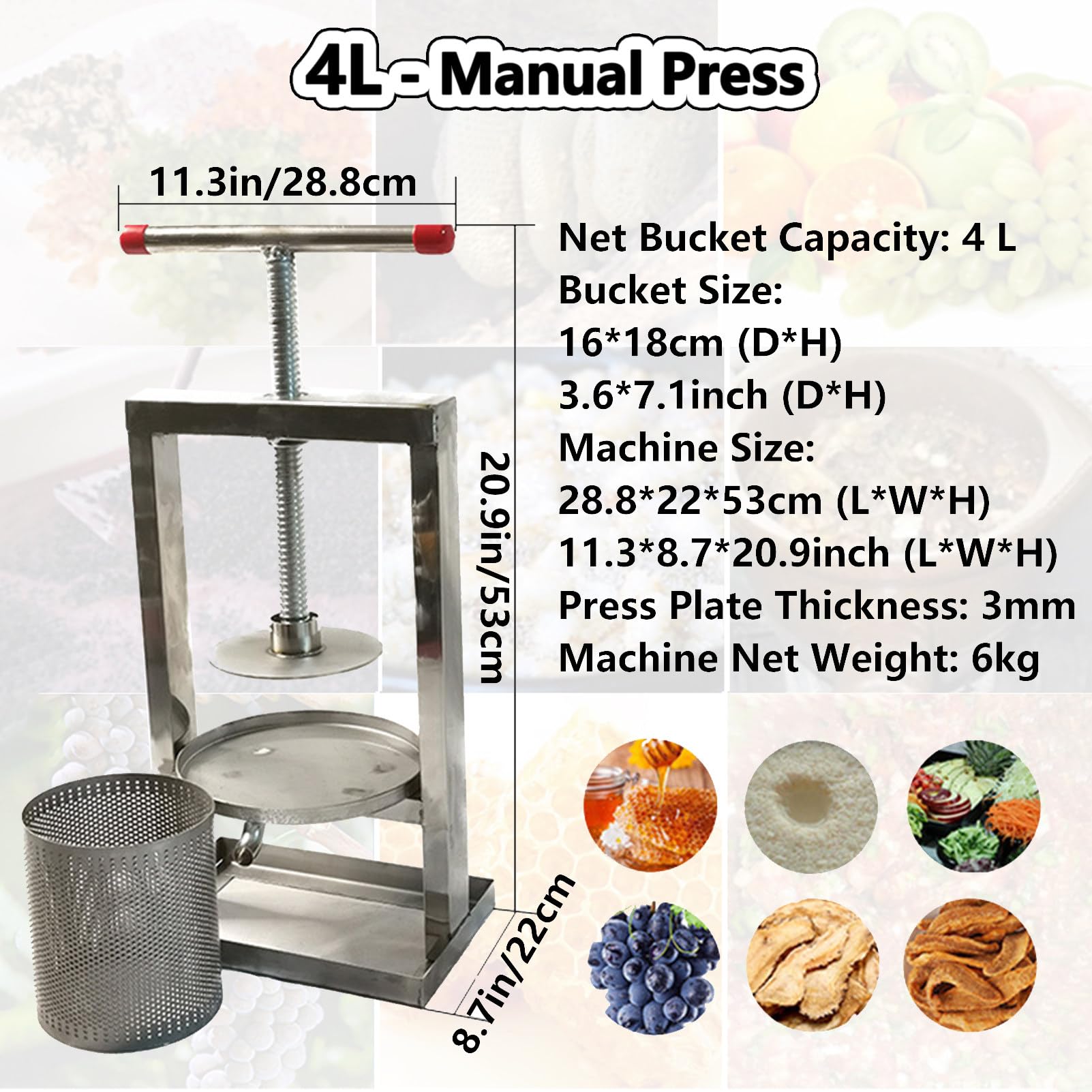 Estrattore di Mieles Elettrico in Acciaio Inox Pressa per Mieles Manuale Rimovibile con Impugnatura a T Smielatore Apicoltura per Produzione di Vino Mieles e Succhi 4L