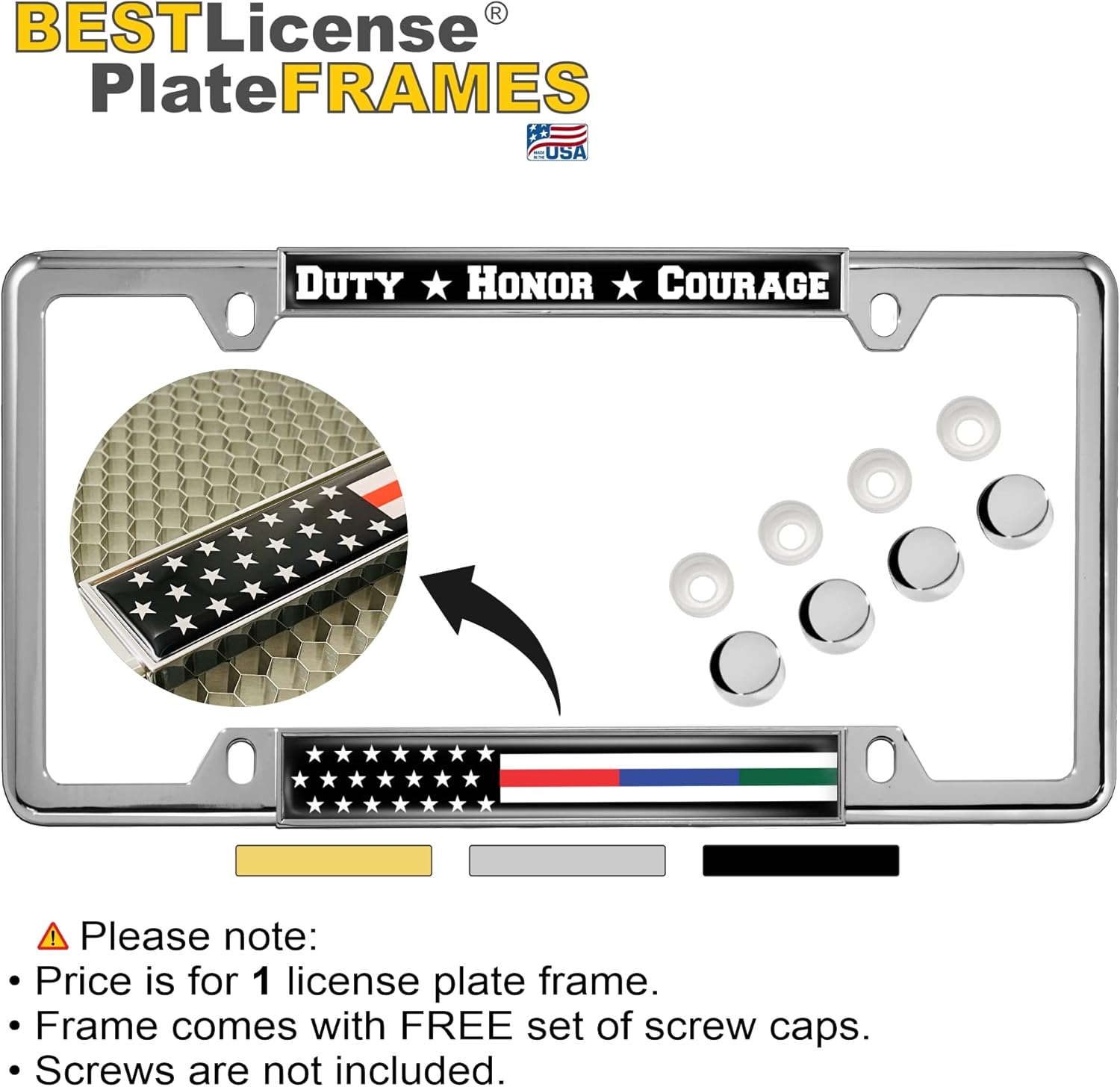 First Responders - Law Enforcement, Police, Military and Fire Thin Line (Stripe) USA American Flag - Domed Narrow Top 4 Hole Metal Car License Plate Frame with Free caps - Chrome (Quantity: 1 Frame)